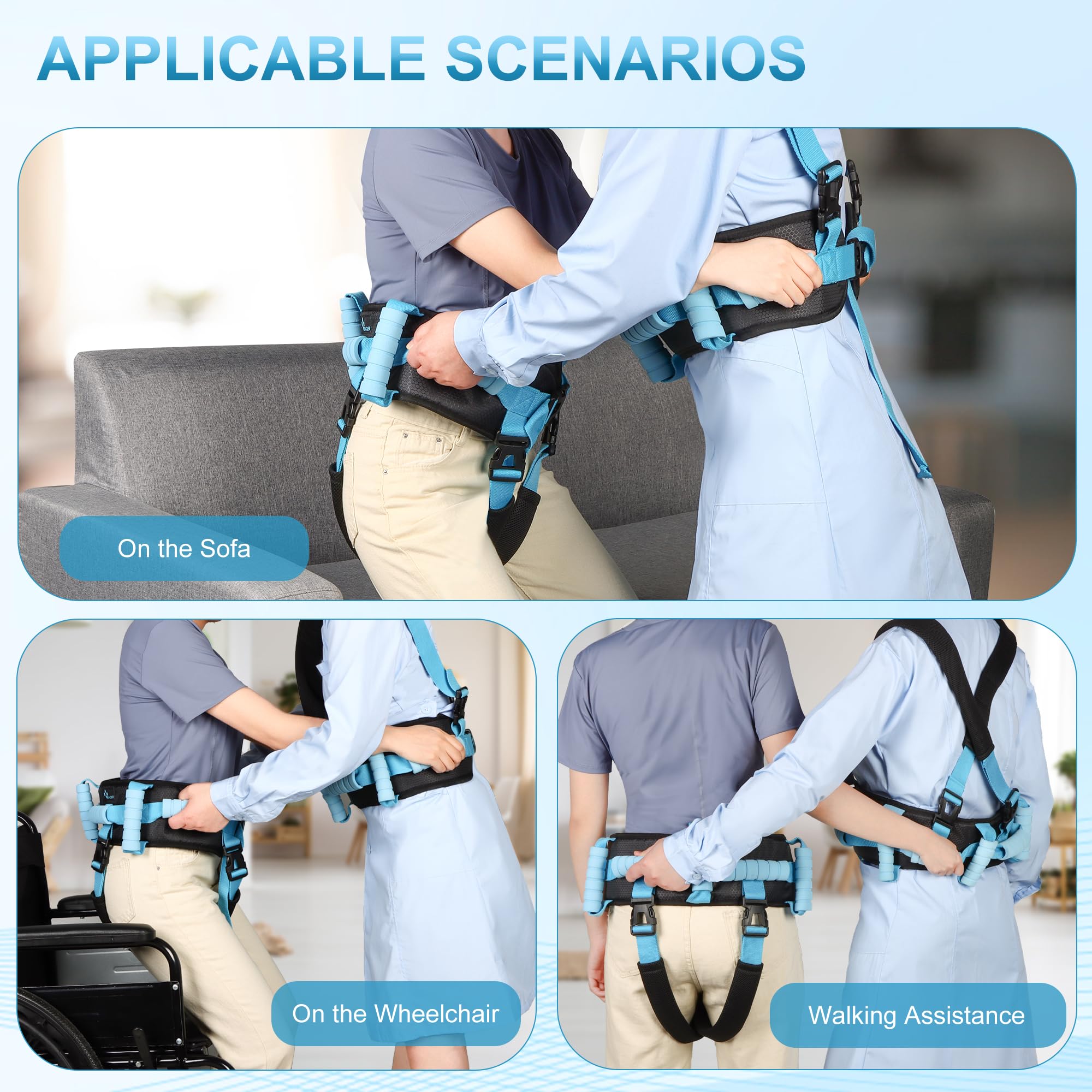 REAQER Cinturón de transferencia con 7 asas acolchadas y 2 Trabillas para las Piernas，Cinturón de Enfermería Multifuncional para ancianos, personas mayores, terapia