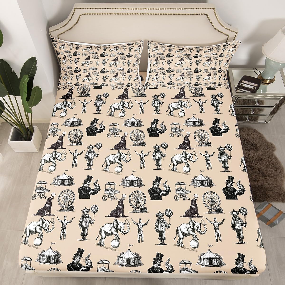 Retro Circus Troup Bedding Set Twin Size,Elephant Ferris Wheel Fitted Sheet 2Pcs for Kids Boys Girls Adult Room Decor,Cartoon Clown Funny Bed Sheet Dark Brown Deep Pocket Sheet,1 Pillowcase