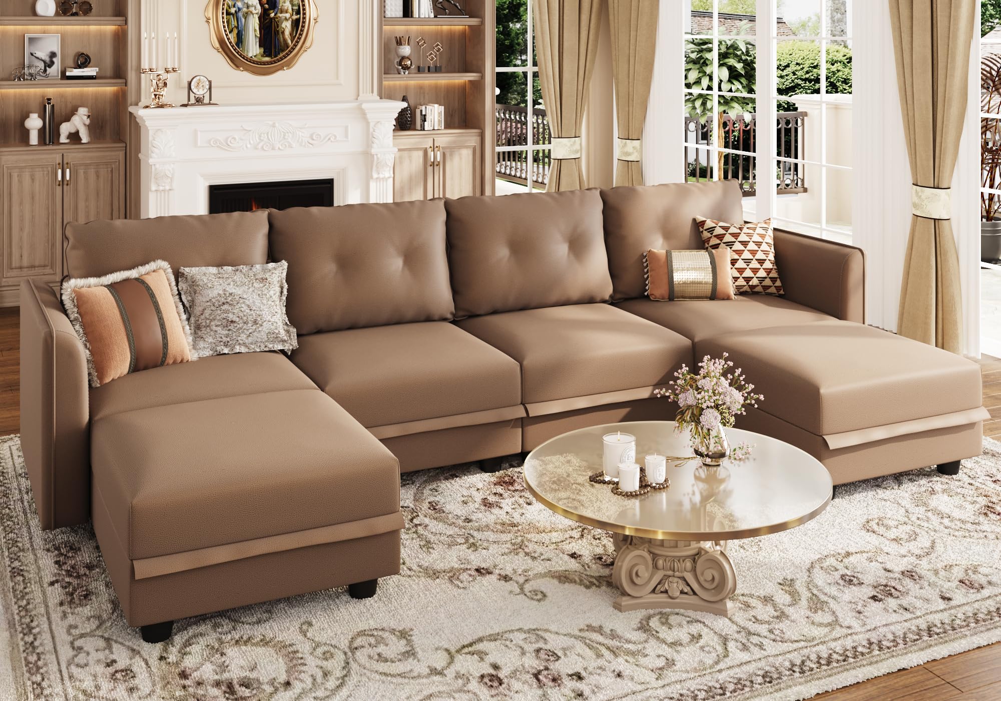 LLappuil Modular Sectional Sofa, Convertible U Shaped Couch with Storage, Faux Leather Fabric Waterproof Sectional Couch for Living Room, 111.8" Width