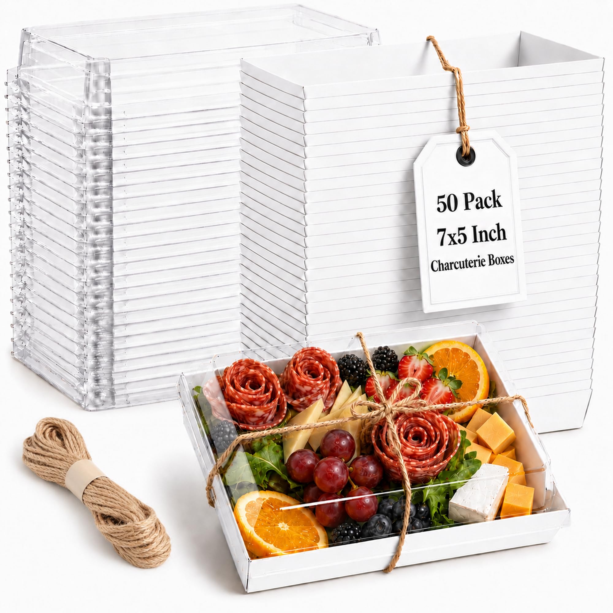50 Pack 7x5in Charcuterie Board Boxes with Clear Lids, Paper Containers