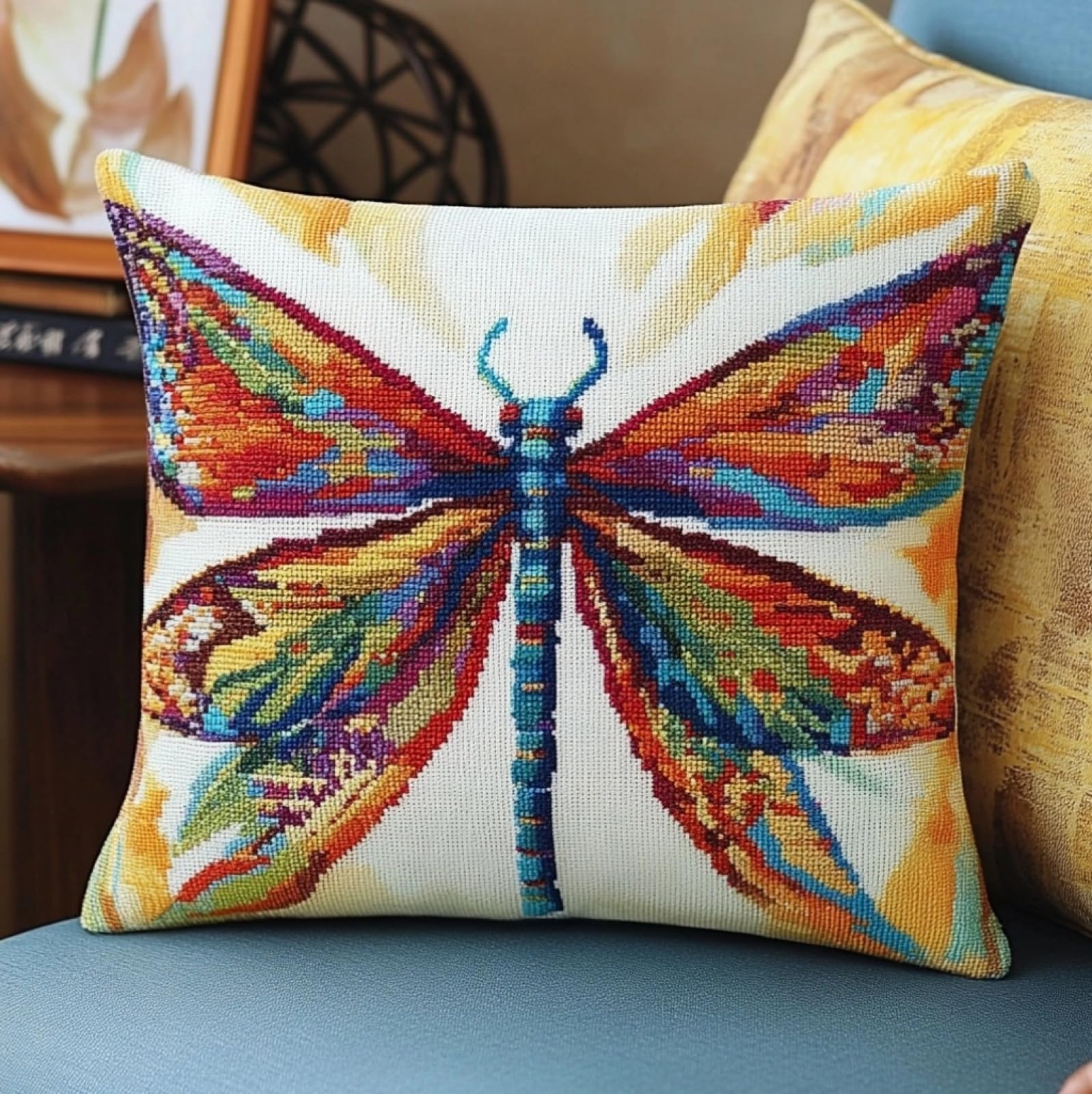 WallustrioaW DIY Stamped Cross Stitch Pillow Kits,Animal Dragonfly 11CT Needlepoint Handmade Cushion Cover Home Sofa Christmas Decoration 45x45cm