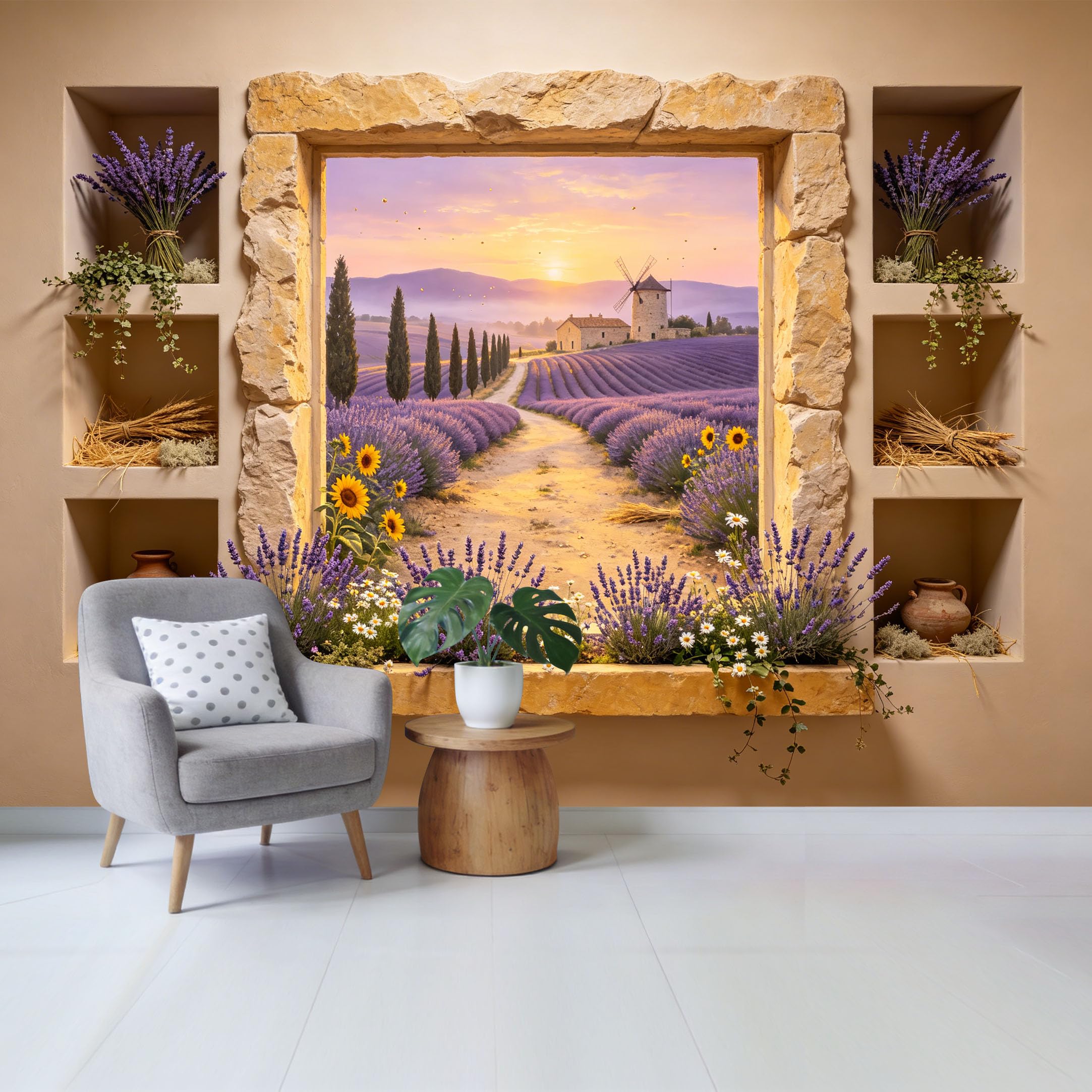 Custom Size Wall Mural Provence Lavender Field Windmill Landscape 3D Trompe L'Oeil Removable Self Adhesive Fabric Home Wall Decor for Living Room Bedroom Bathroom