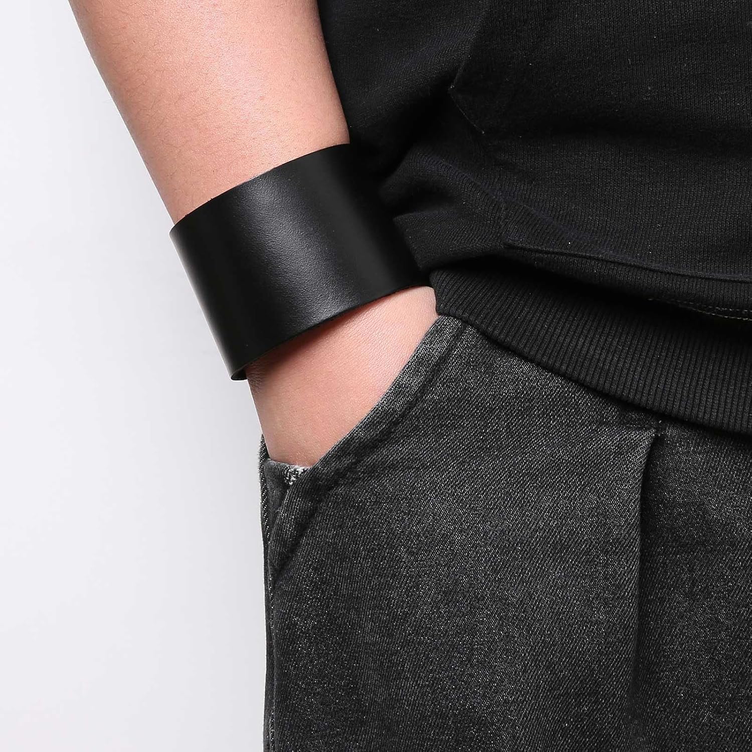 HZMAN 2Pcs Genuine Leather Bracelets for Men Punk Wide Cuff Bracelet Adjustable Black Leather Wristband Bracelet Jewelry Gift - Image 2