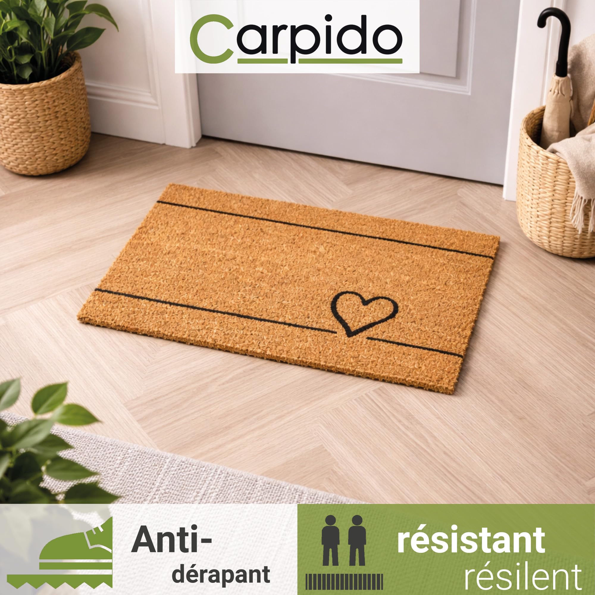 Carpido Paillasson Coco Coeur Lignes Design - Chemin de propreté 40x60 cm Lot de 2 - paillasson intérieur - Tapis Coco antibactérien - matériau Naturel