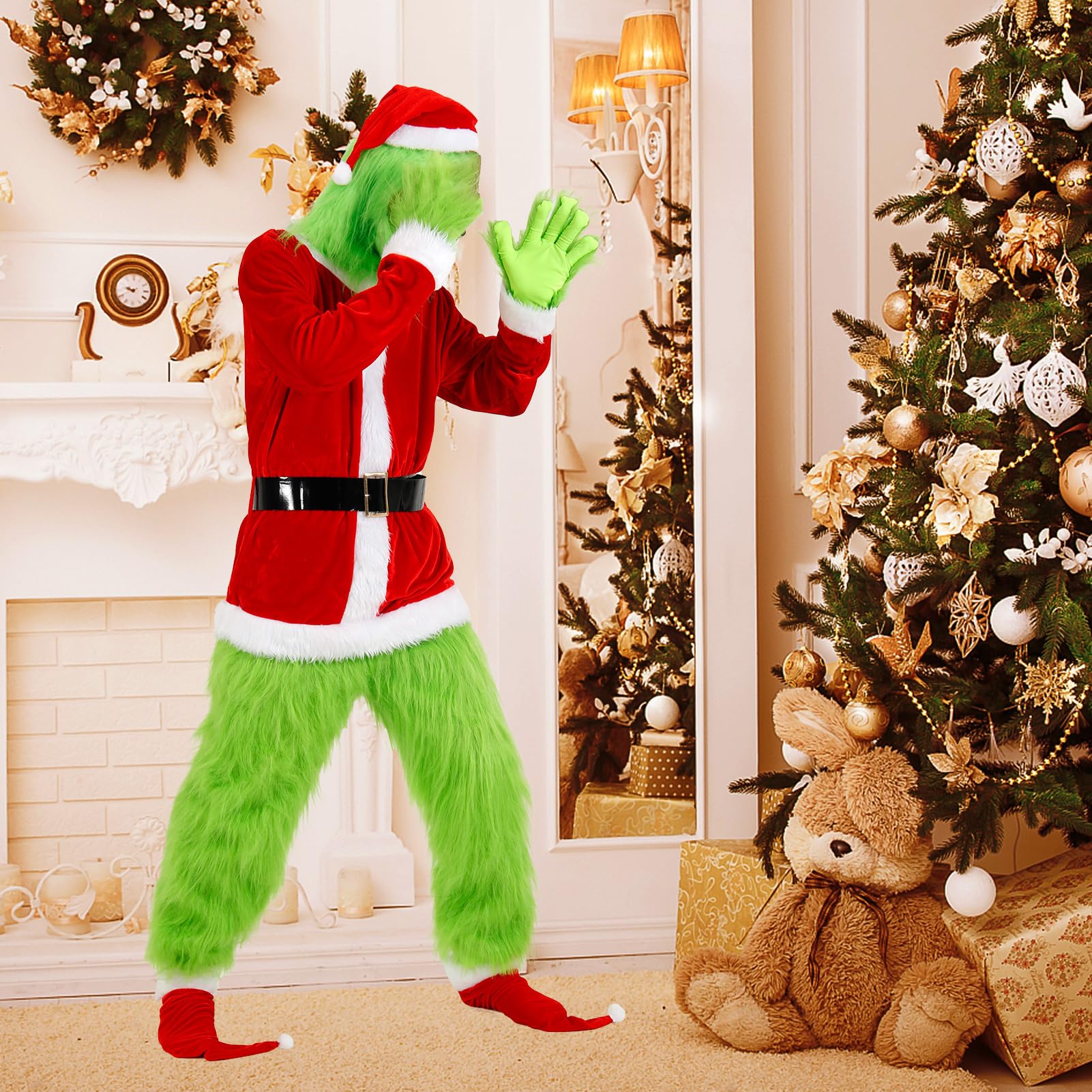QwayHome Christmas Green Big Monster Costume for Adult, 7Pcs Deluxe Green Santa Cosplay Furry Suit with Mask for Men Women (L-XL)