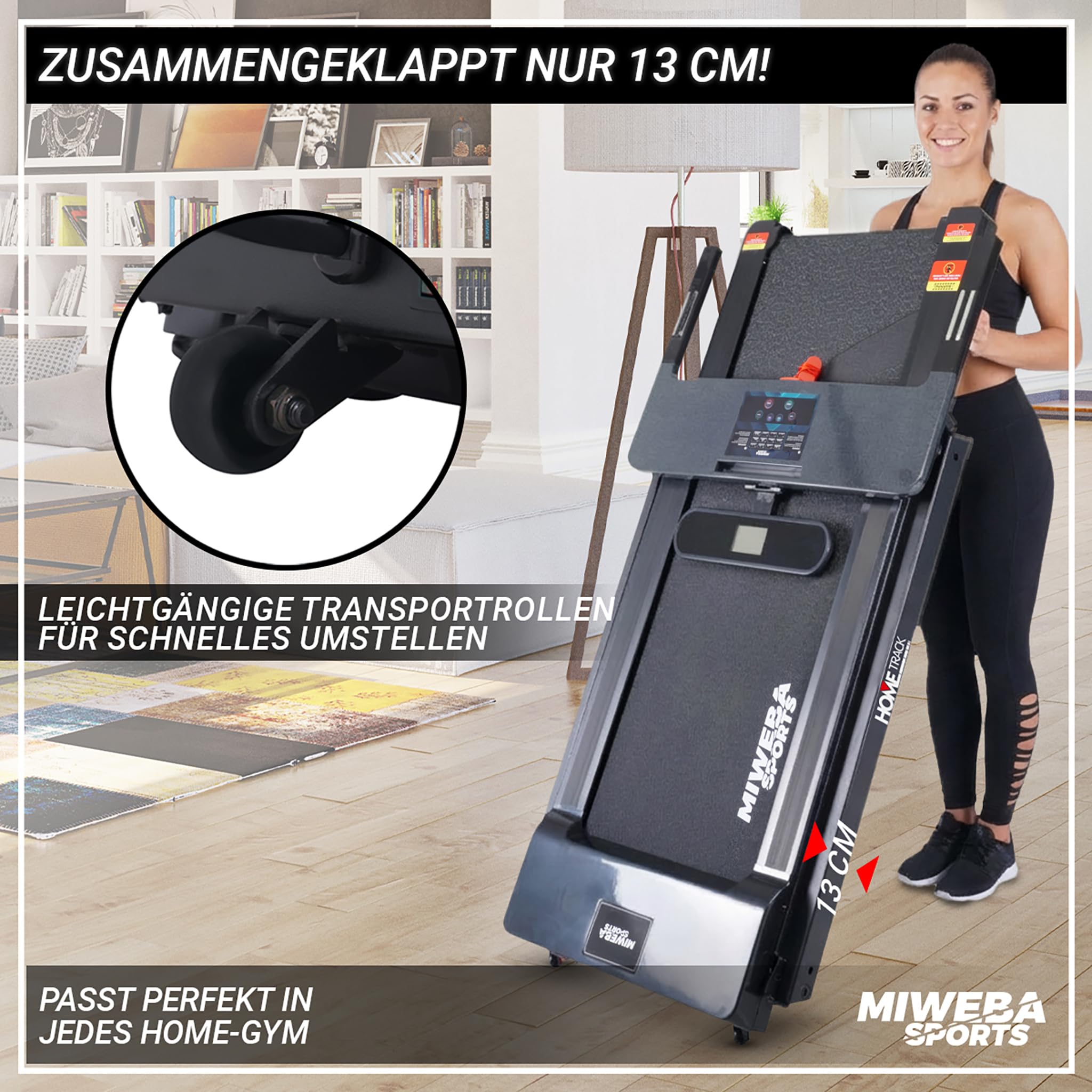 Miweba Sports elektrisches Laufband HT500 | 3 PS - 14 Km/h - Traglast 120.0 Kg - Klappbar - Große Lauffläche - LCD-Display - 12 Programme - Elektro-Laufband - Fitnessgeräte für Zuhause - Fitness
