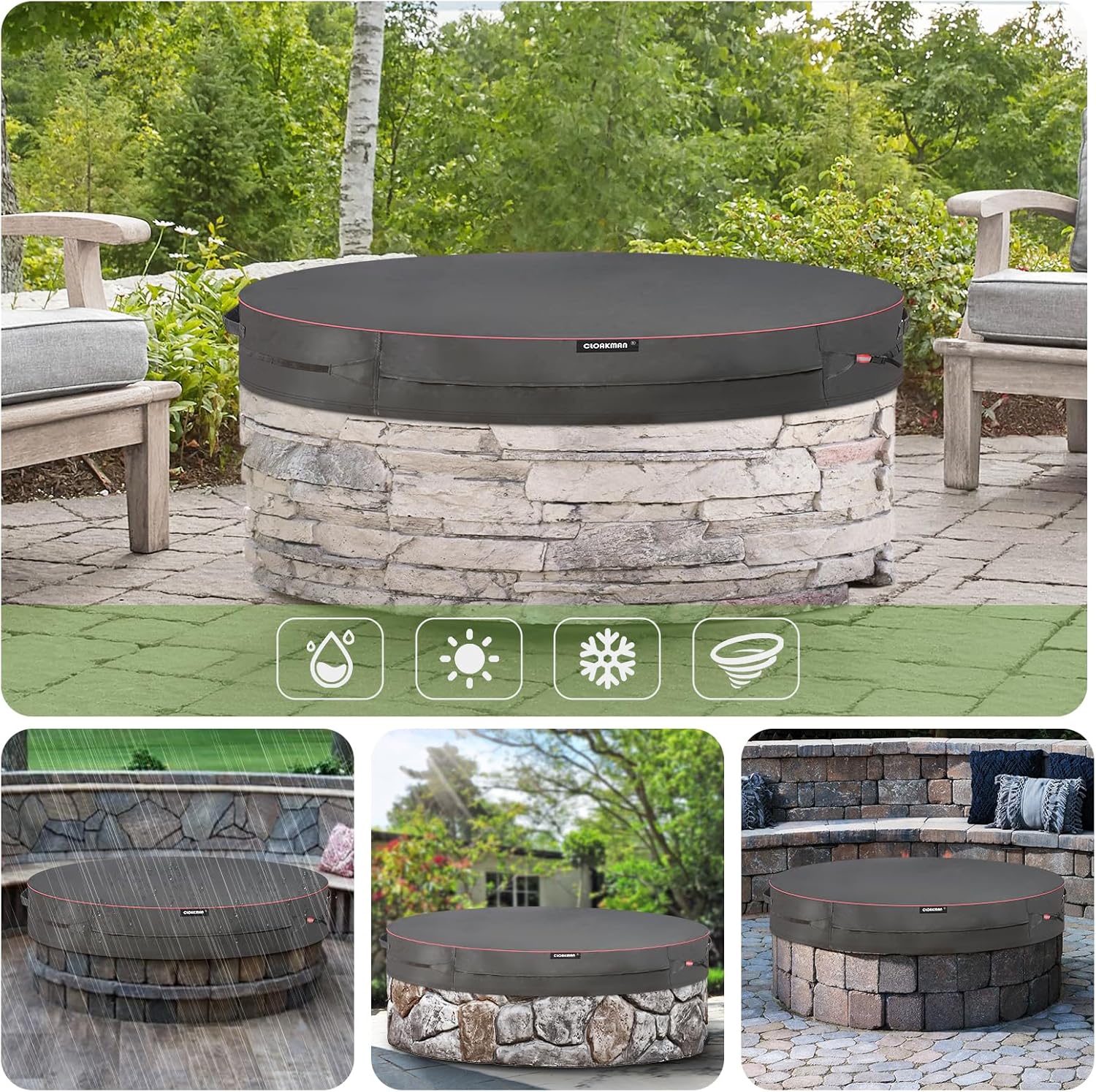 Premium Heavy-Duty Round 52-57 Inch for In Ground Fire Pit Cover - Waterproof 600D Large Firepit Covers, Outdoor Weatherproof Patio Built In Furniture Cover - Black