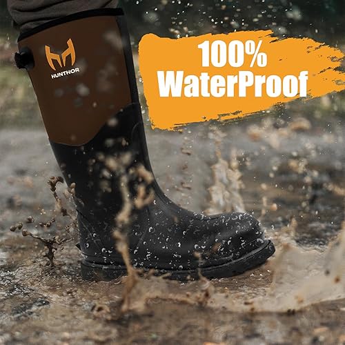 Vista 2 de Botas de trabajo de goma, botas de goma con punta de acero para hombres, botas de caza de goma impermeables de neopreno de 0.236in para agricultura