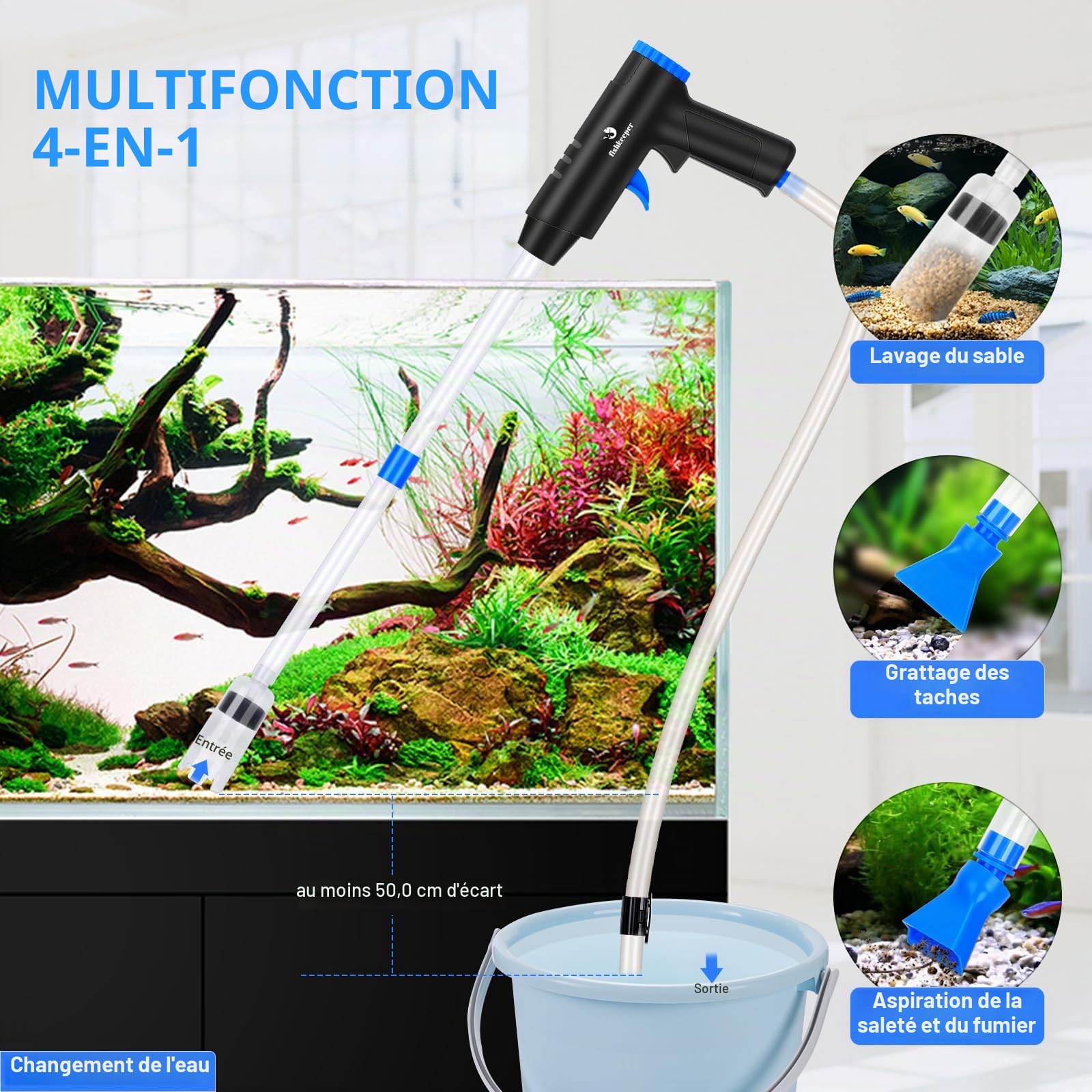 Fishkeeper Aspirateur pour Aquarium, 4 en 1 Aspirateur d'aquarium Puissant Ensemble de Nettoyage d'aquarium Réglable, Nettoyeur de Fond Démontable Anti-obstruction pour Changement d'eau, Nettoyage du