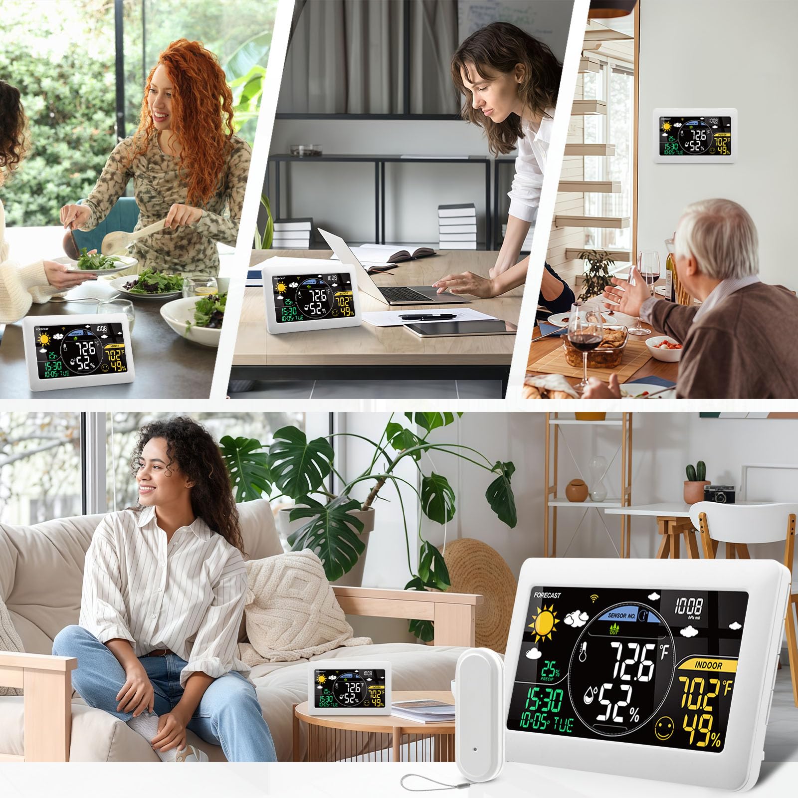 4 in 1 Station Météo Intérieur Extérieur Sans Fil - Station'meteo avec App Tuya et Smartlife Connectée WIFI avec 24h Prévisions Météo/Calendrier/Réveil/Réglage Automatique de la Luminosité