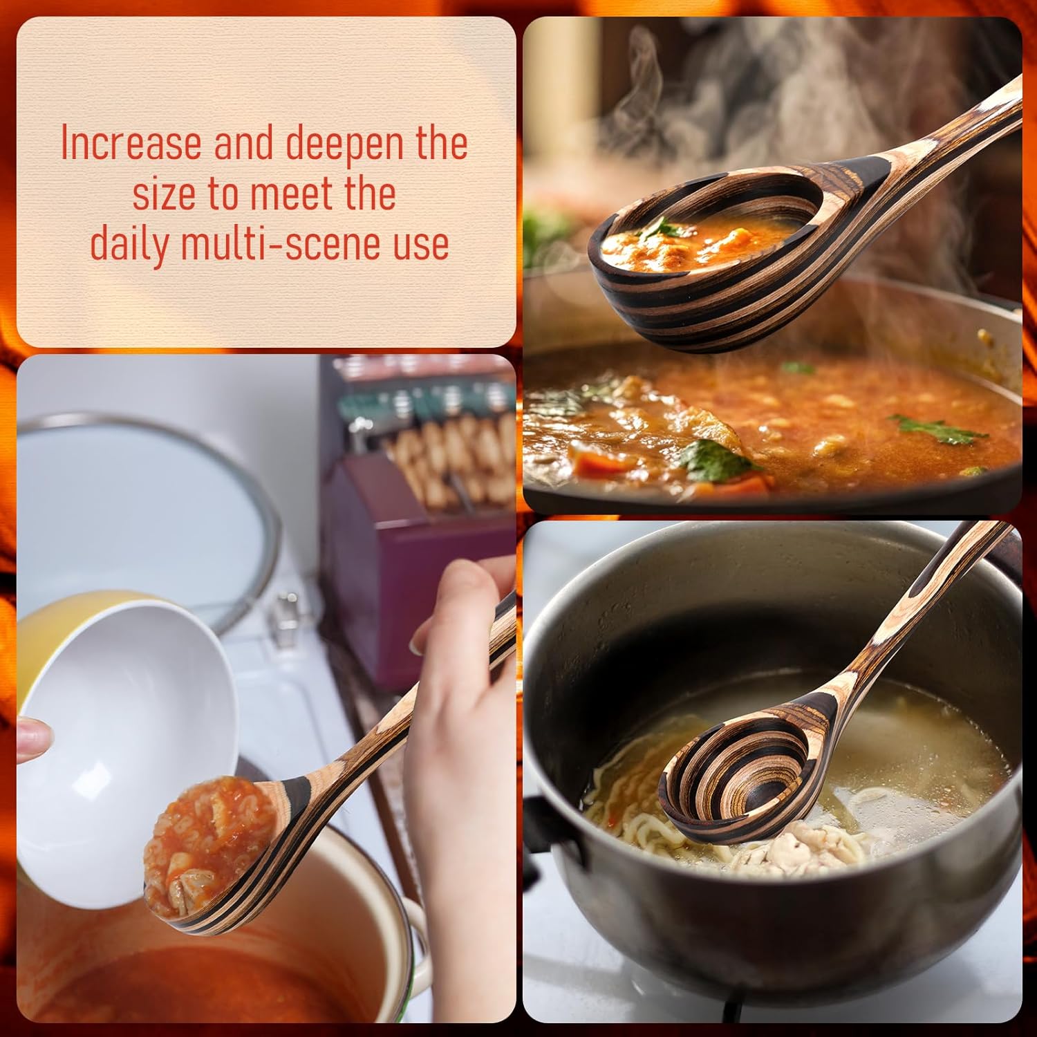 2 Pcs Pakkawood Deep Soup Ladles 12 Inch Big Soup Ladles Pakkawood Kitchen Utensils Wood Non Stick Spoons with Long Handle for Christmas Household Women Kitchen Gifts Serving Apartment Tools