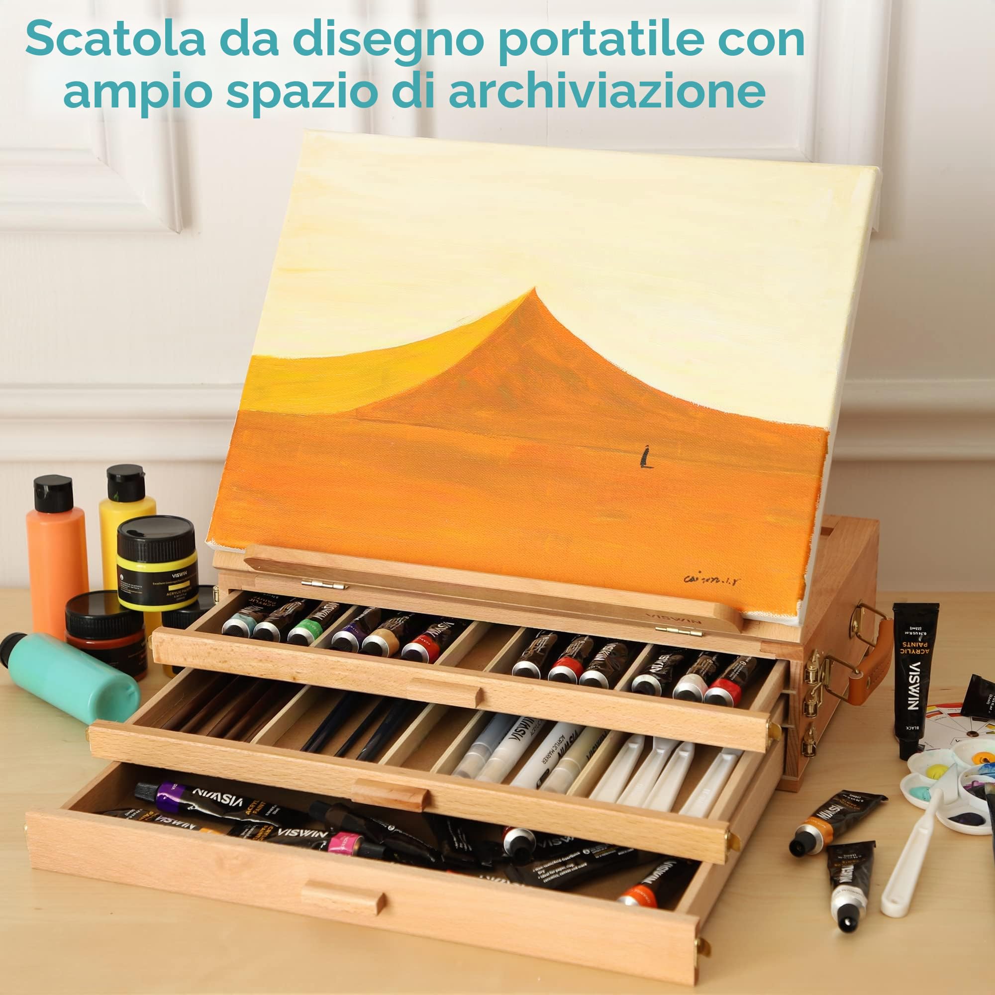 VISWIN Grande Cavalletto da Tavolo Regolabile con 3 Cassetti, Scatola per Cavalletto per Pittura in Legno di Faggio Premium, Cavalletto da Tavolo per Artista Portatile per Adulti, Artista