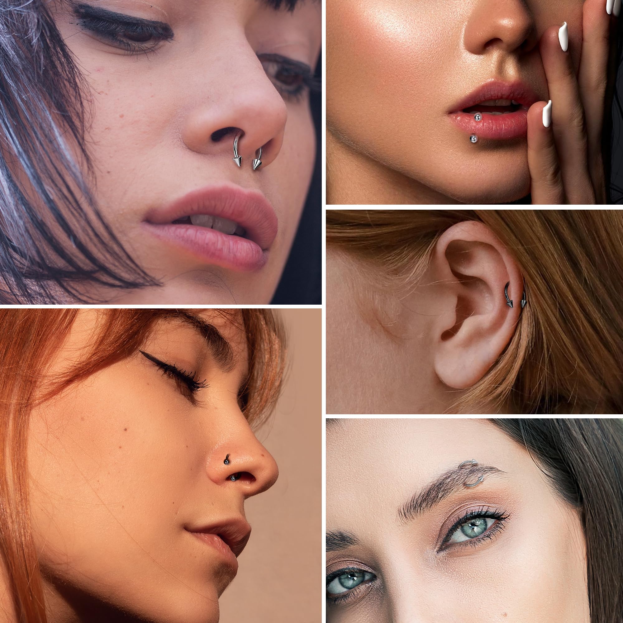 8Pcs 14G 16G 18G 20G Horseshoe Septum Nose Ring Helix Cartilage Earrings Hoops Hypoallergenic Tragus Daith Eyebrow Lip Ring Smily Piercing Jewelry Replacement Ball Spikes 7-12MM: Silver + Black 20G