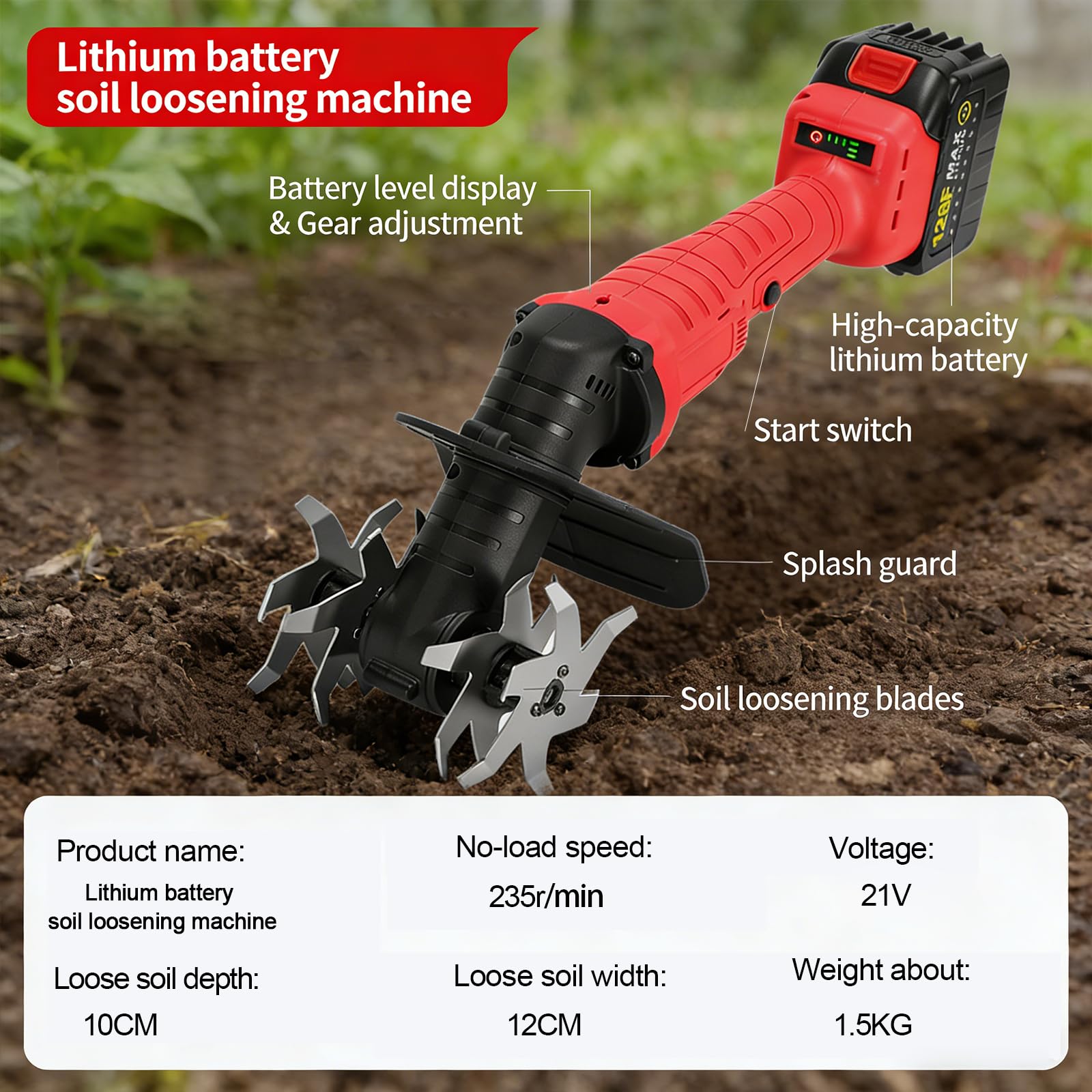 Mini Motobineuse sans Fil Cultivateur, Rotavator De Jardin électrique Portatif avec 2 * 3000mah Batterie, 235rpm, Largeur De Labour 10cm, Profondeur 12cm, Réglage à 3 Vitesses, Motobineuse