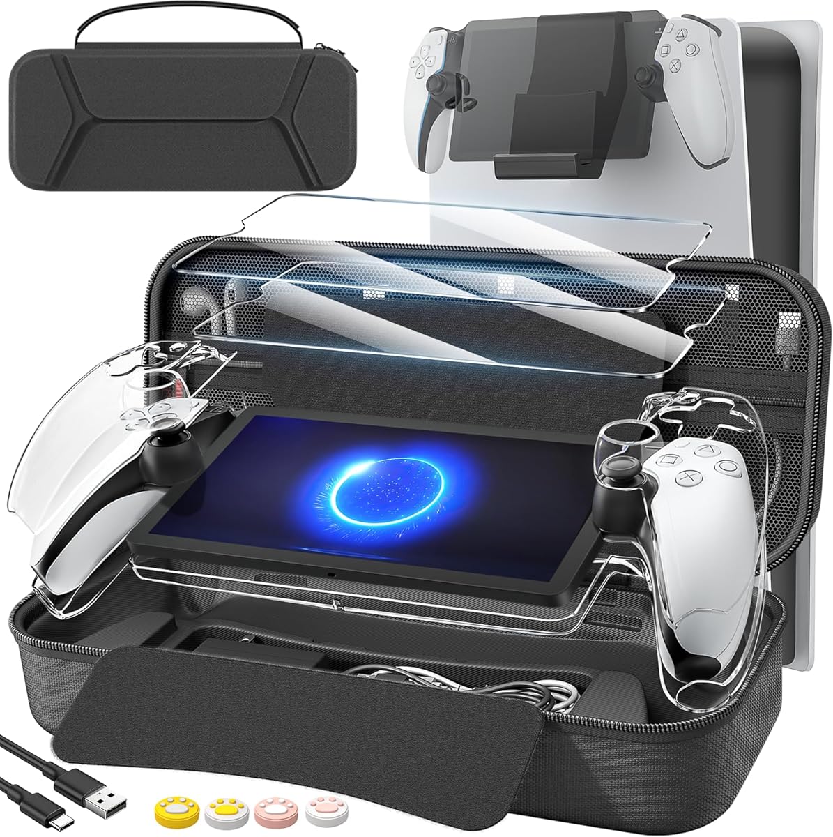 daydayup 14 in 1 Accessories Set Bundle Compatible with PlayStation Portal Remote Player, Carrying Case & Charging Cable, Holder Stand with 2 Screen Protectors and 4 Thumb Grips, Black