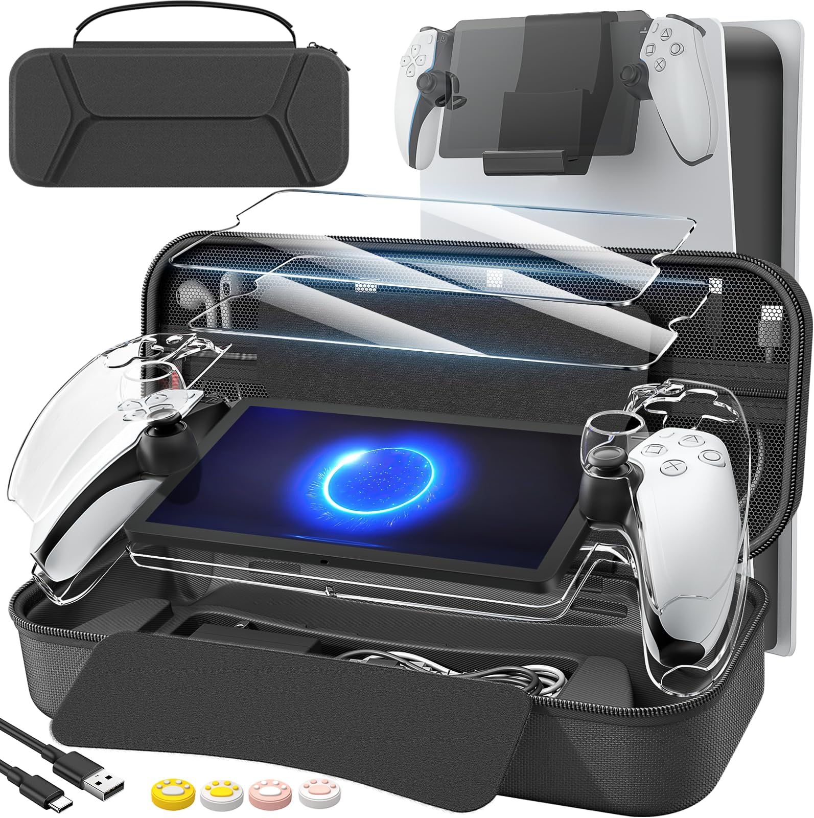 daydayup 14 in 1 Accessories Set Bundle Compatible with PlayStation Portal Remote Player, Carrying Case & Charging Cable, Holder Stand with 2 Screen Protectors and 4 Thumb Grips, Black