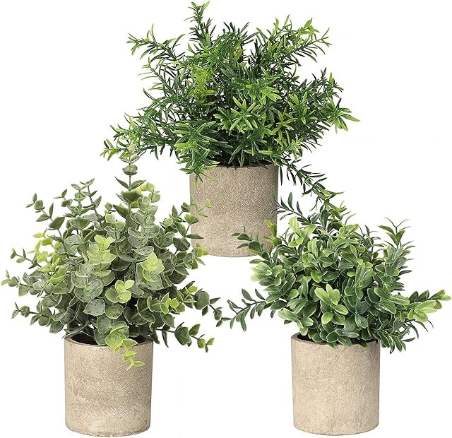 Topcloud 3 Pack Mini Potted Artificial Plants Faux Fake Greenery Eucalyptus Rosemary Plants for Home Office Table Bedroom Indoor Outdoor Decor