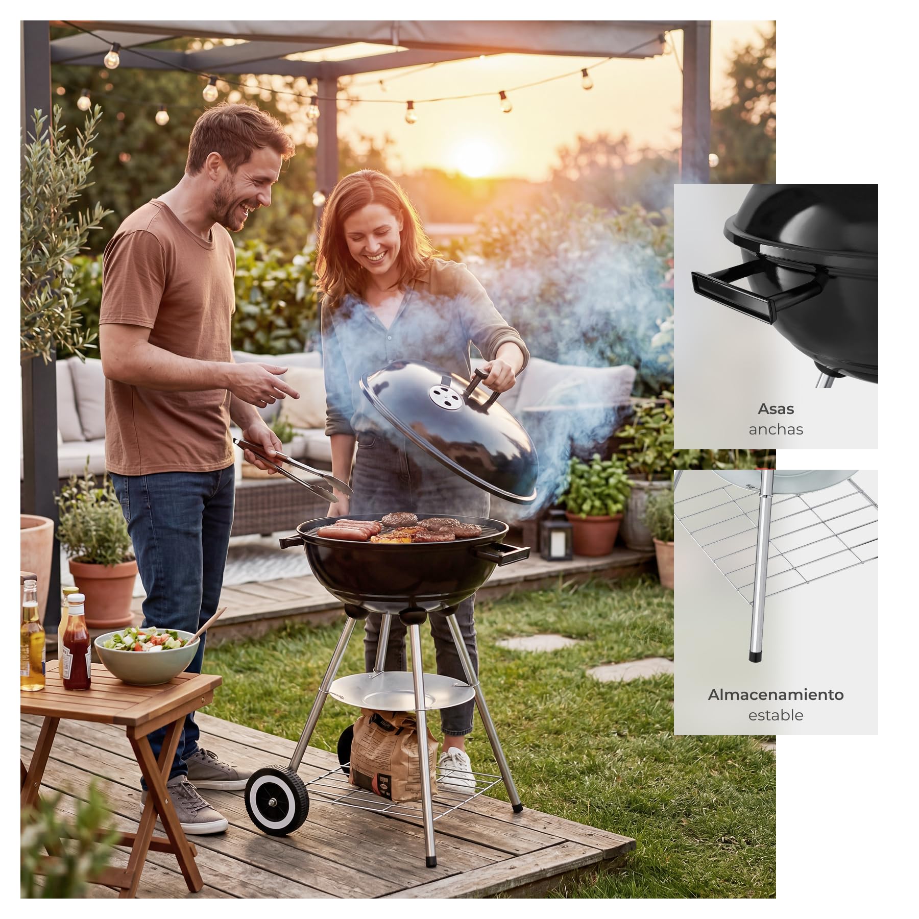 tectake® Barbacoa Carbon Redonda con 2 Ruedas, Parrilla Cromada Ø41,5 cm Tapa con Regulador de Aire, Bandeja Recogecenizas Extraíble, Bbq Grill, Barbacoa Portatil, Cocina Exterior - Negro/Plata