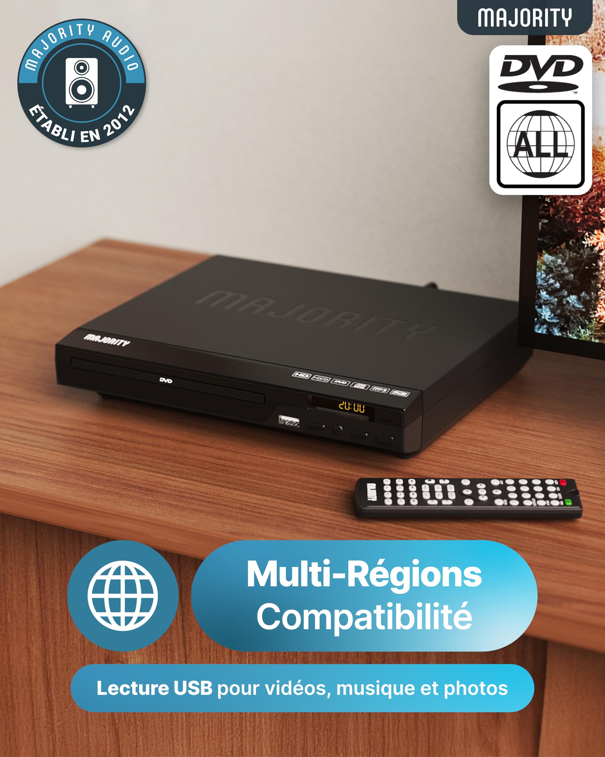 Lecteur DVD pour TV | Lecteur DVD HDMI avec Upscaling 1080P | Lecture sans Région | CD Player avec MP3 et USB | Câble HDMI, Câble RCA et Télécommande Inclus | MAJORITY:DVD