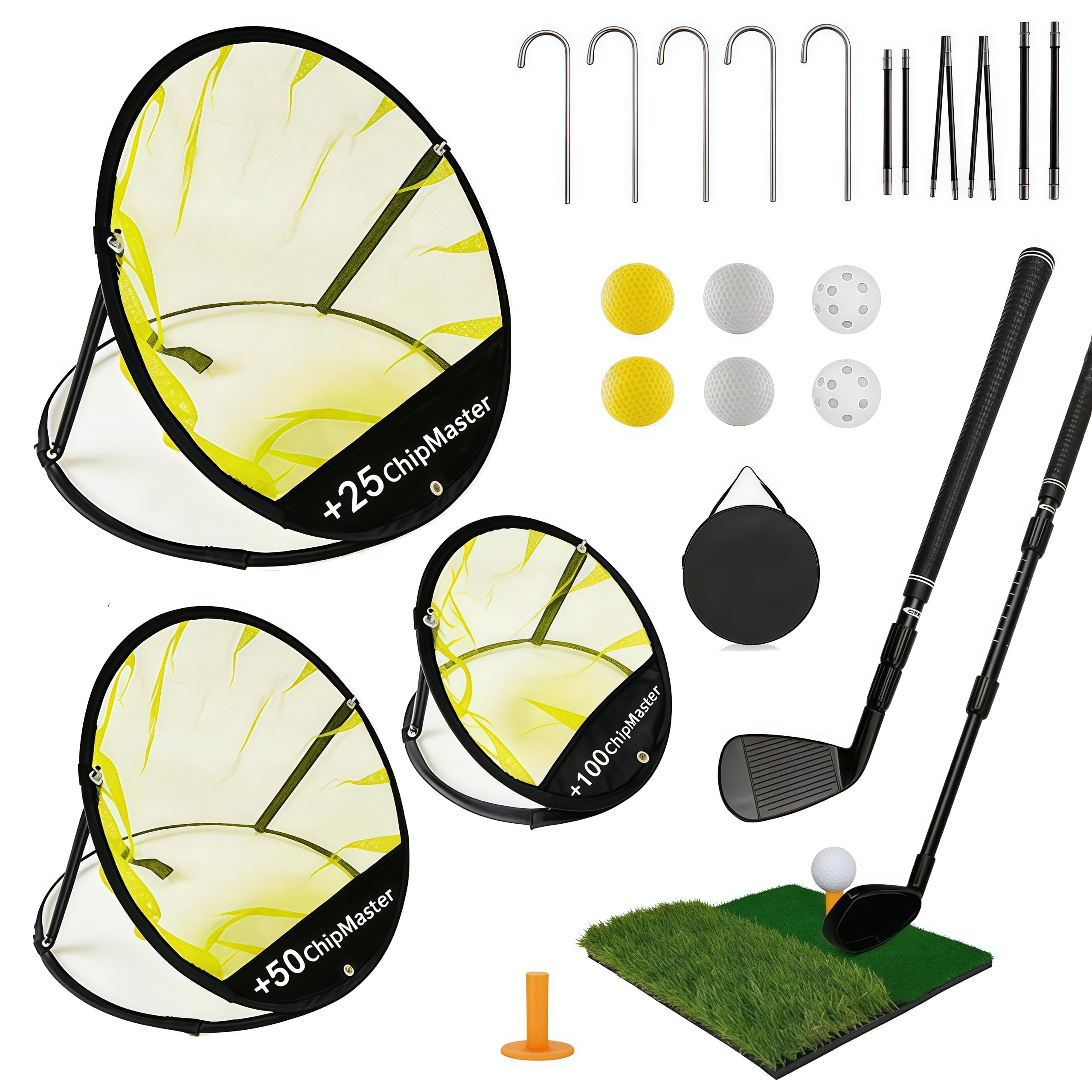 Filet de Golf, Kit 3 Pièces Filet D'entraînement de Golf avec Tapis de Gazon Synthétique de 30 x 30 cm Putter Télescopique 6 balles et Sac de Rangement pour L'entraînement en Intérieur et en Extérieur