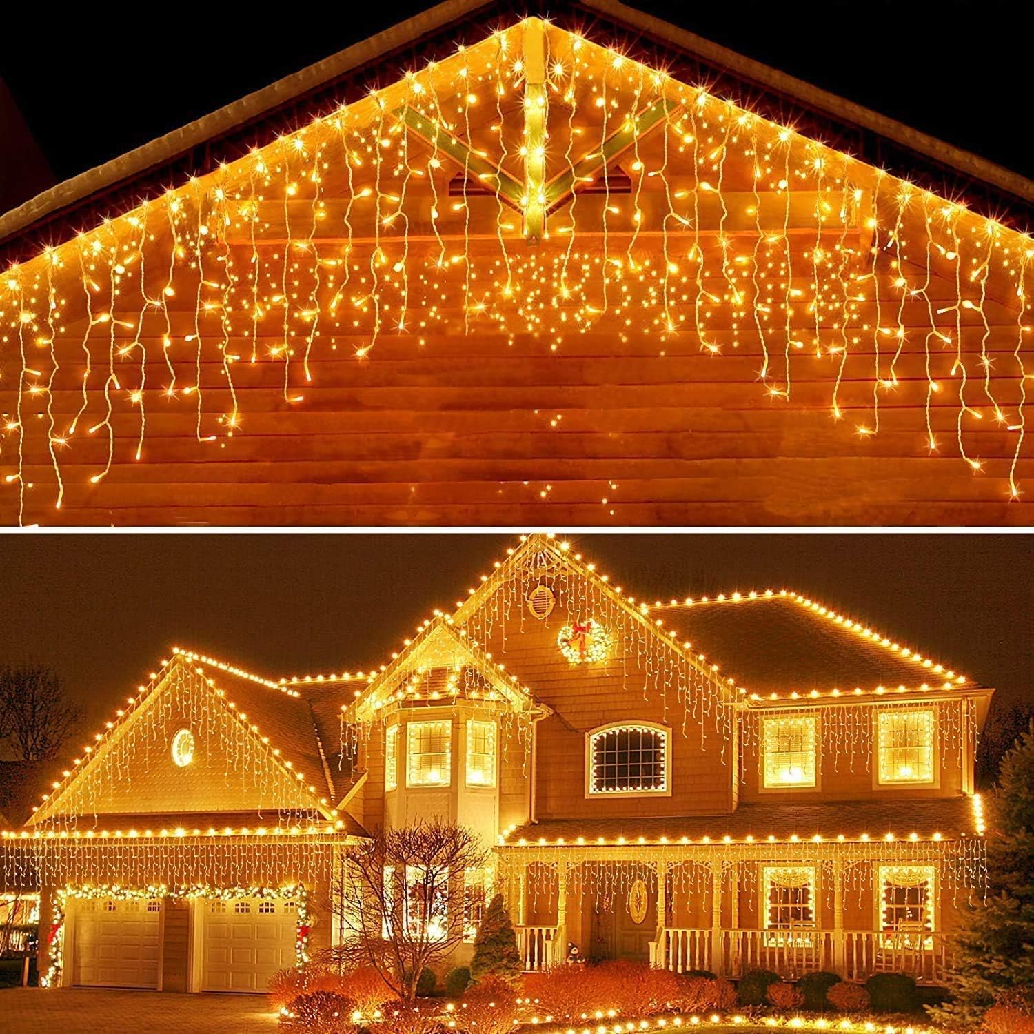 LED Icicle Curtain Lights - 144 LEDs Curtain Fairy String Lights 8 Lighting Modes Holiday Decoration Backdrop String Lights for Window Wedding Party Home Bedroom Wall, UL588 Approved, Warm White