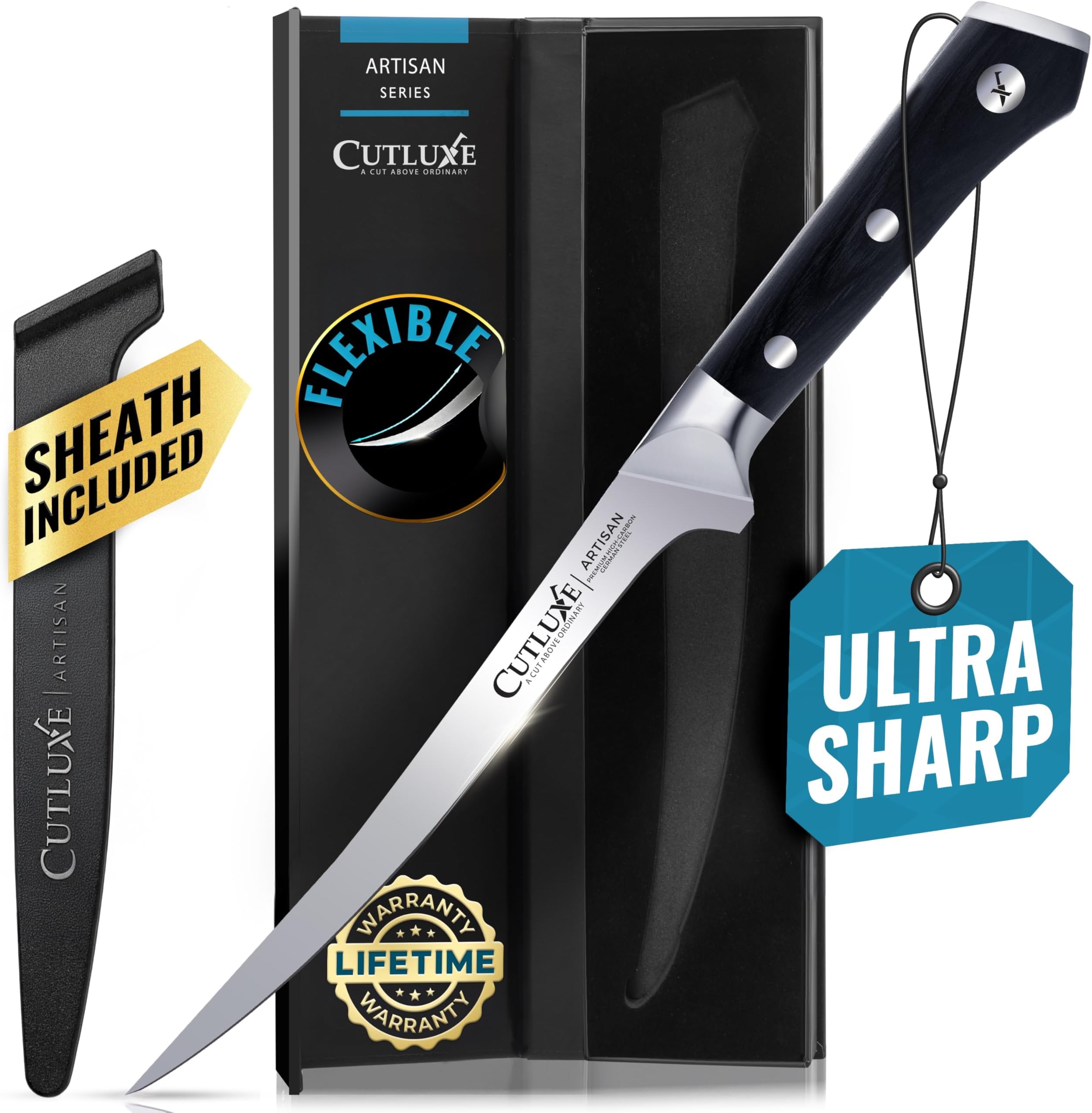 Fillet Knife for Fish & Meat – 7" Razor Sharp Boning Knife – Flexible High Carbon German Steel, Full Tang Ergonomic Handle Design, Grilling Gifts for Men – Artisan Series