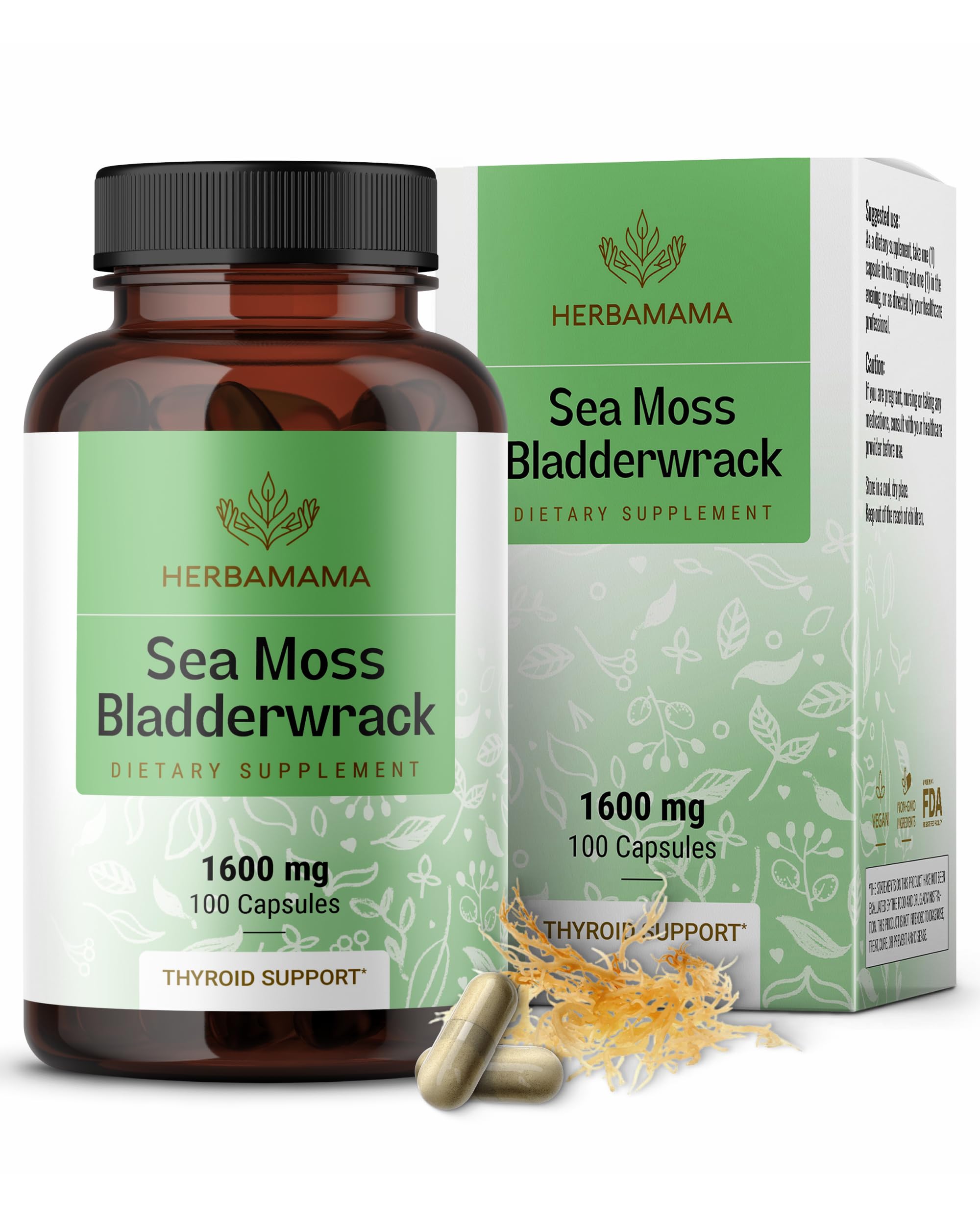 Irish Moss, Sea Moss and Bladderwrack 100 Capsules 1600 mg | Thyroid Support | Digestive Health | Immune Support | Anti-Inflammatory | Gluten-Free | Non-GMO