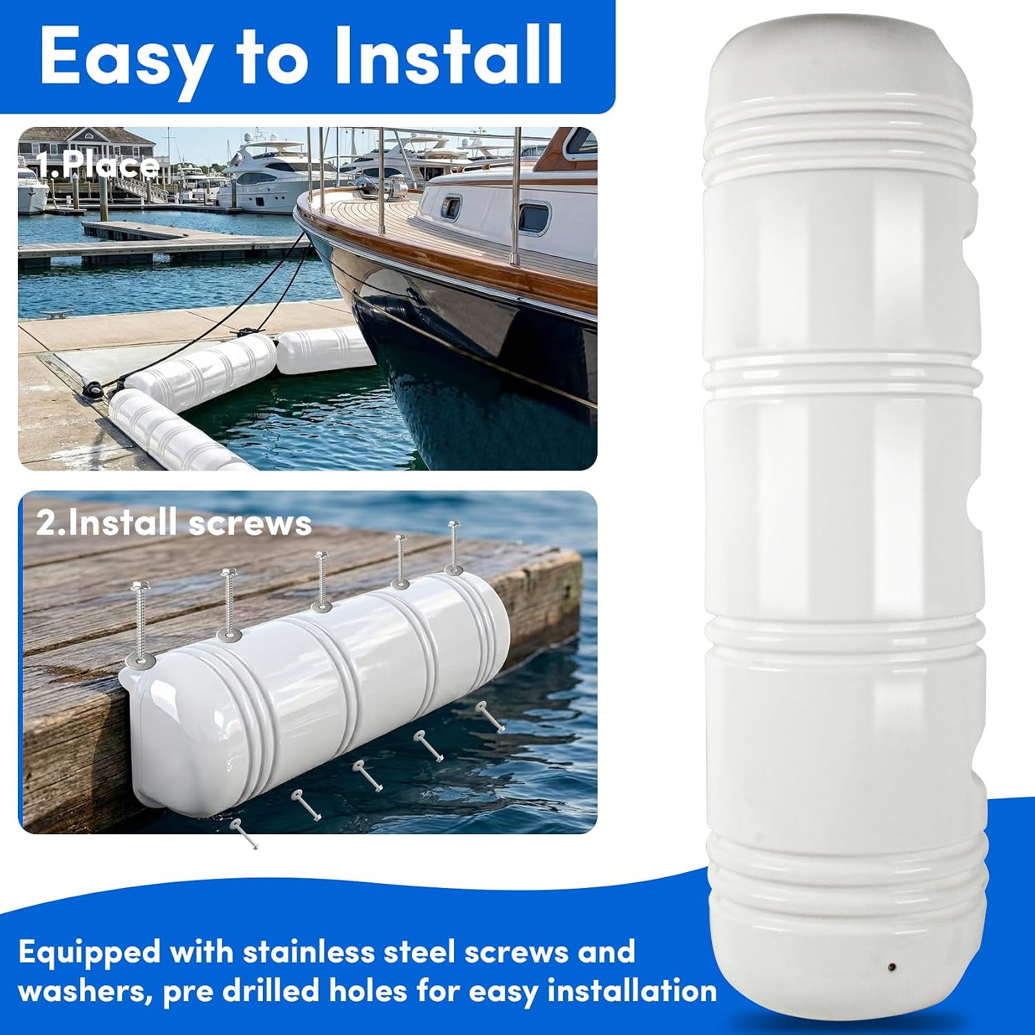Dock Bumper 35in 1 Pack,Boat Dock Bumpers,Dock Bumper Guards,Dock Post Bumpers,Marine Dock Bumpers,Heavy Duty Dock Piling Bumpers for Protecting Boat and Dock,Screws and Washers Included(White)