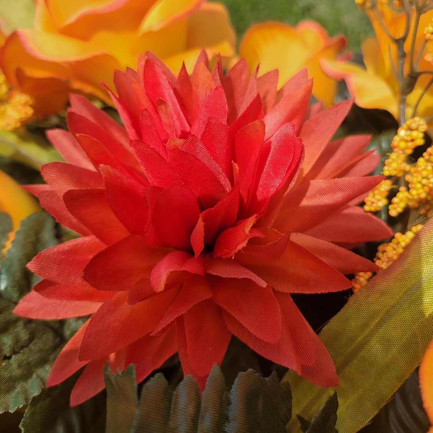 Cemetery Saddle Summer or Fall Memorial Decoration - Realistic Silk Faux Floral Artificial Grave Flowers - Orange Roses and Mums for Headstone Decorating