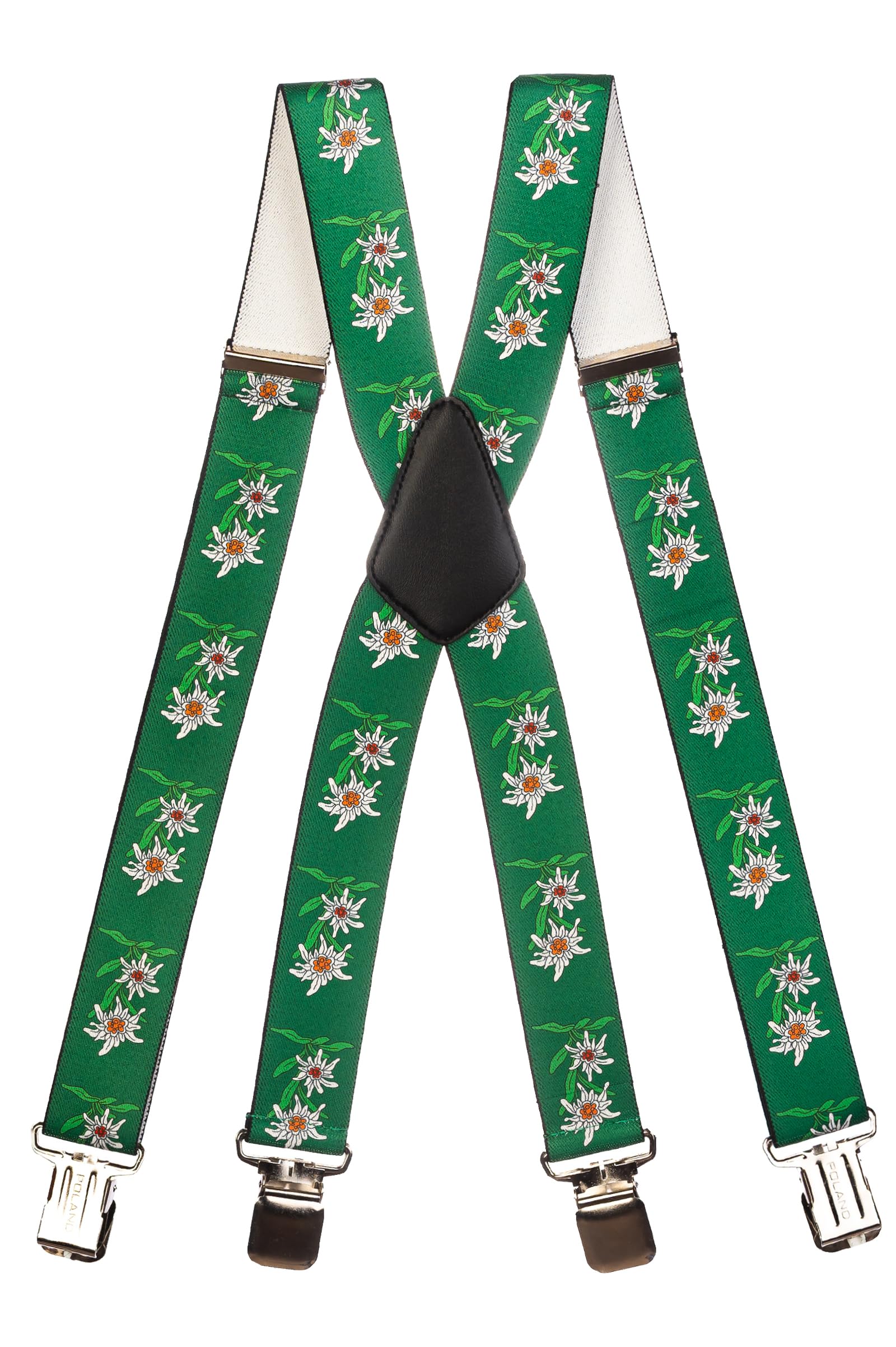 Olata Men’s Heavy-Duty X-Shape Braces/Suspenders with Edelweiss Pattern - 2.5cm. Green