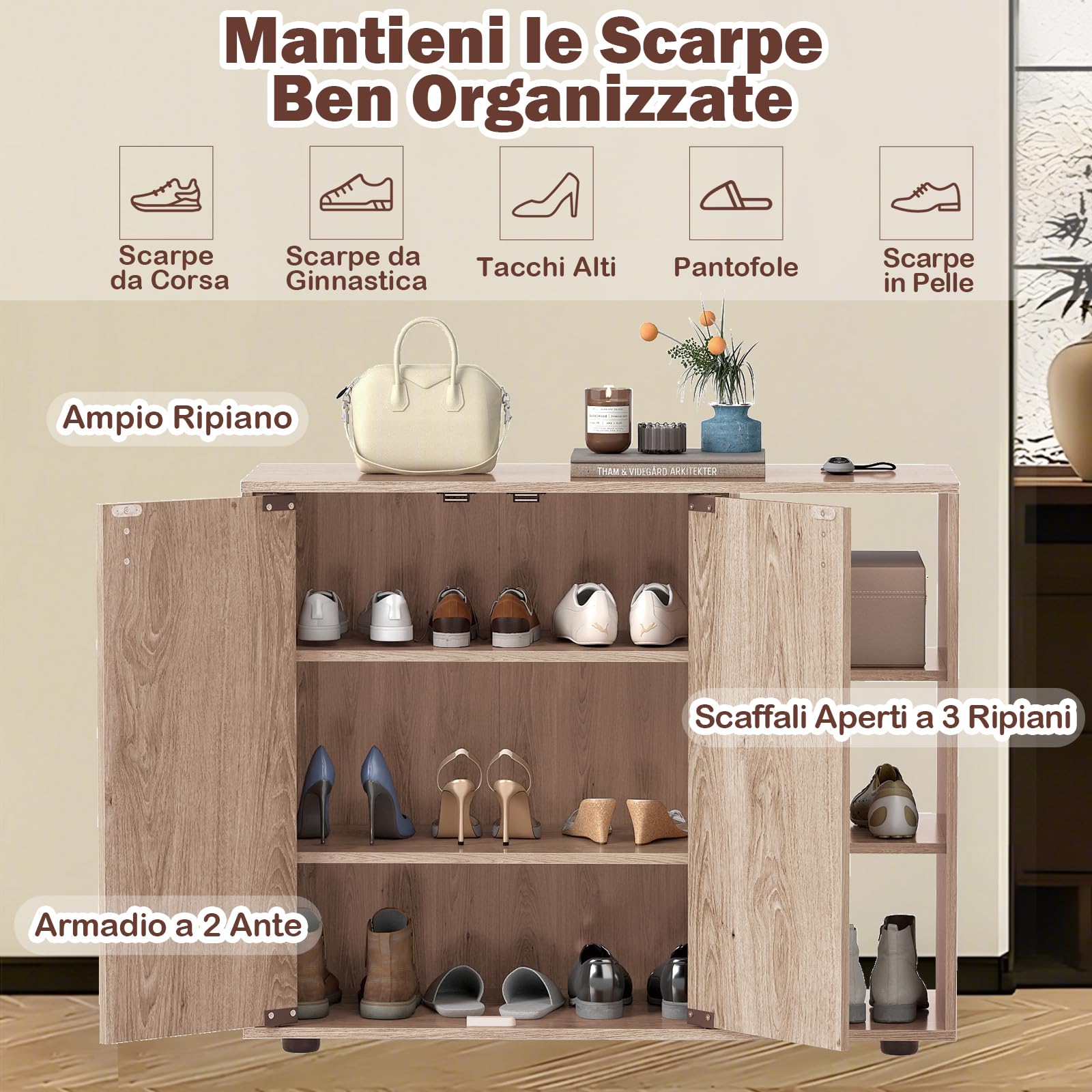 RELAX4LIFE Mobile Porta Scarpe, Organizer per Scarpe in Legno a 3 Ripiani con Ante e 3 Ripiani Regolabili, Moderno Mobile Scarpiera Autoportante per Ingresso, Corridoio, Soggiorno, Armadio (Naturale)