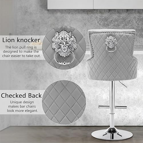 Miniatura 6 de UDAX Juego de 2 taburetes de bar giratorios de terciopelo, taburetes de bar giratorios ajustables de 360 con anillo de tracción de león, taburete de