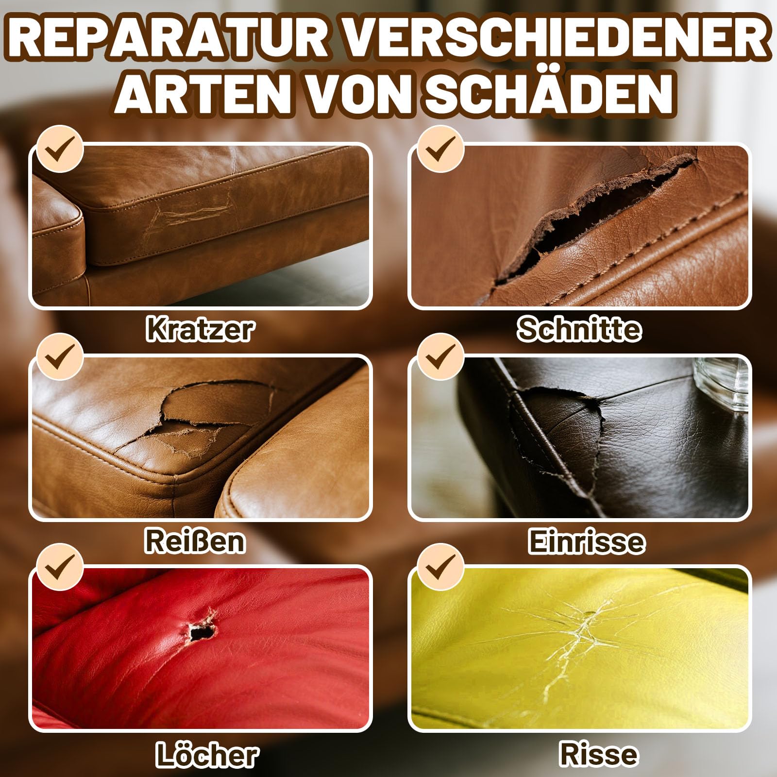 Endhokn Leder Reparatur Set, 12 Farben Ledersofa Reparaturset, Autositze, Jacke, Vinyl Kunstleder Reparaturset Repariert Kratzer Schnitte Risse Löcher Risse Farbe Anpassbar und Einfach zu Bedienen