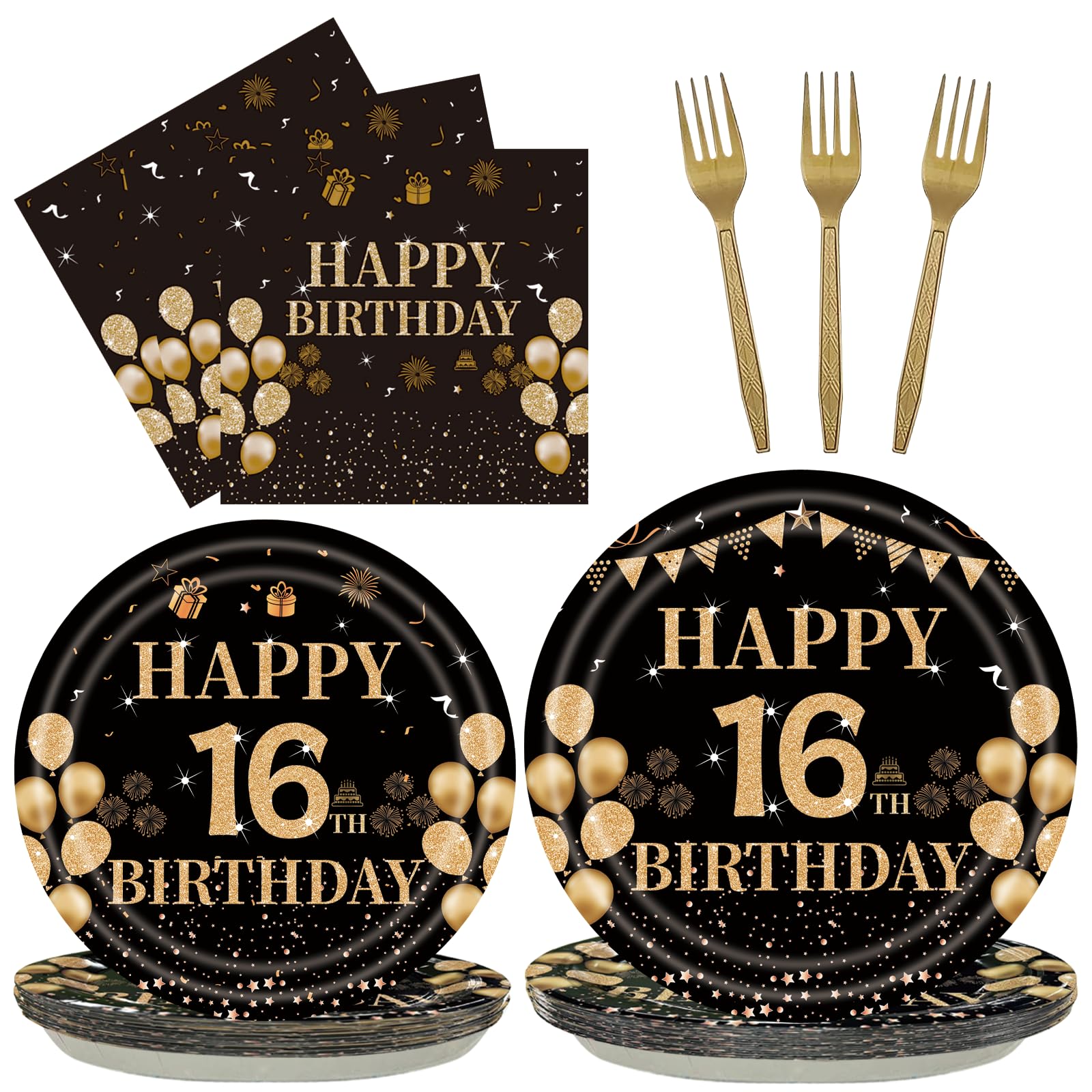 96PCS 16th Birthday Party Plates Set Black and Gold Theme Decorations Include Black Gold Plates and Napkins Forks for 16 Year Old Boys Girls Birthday