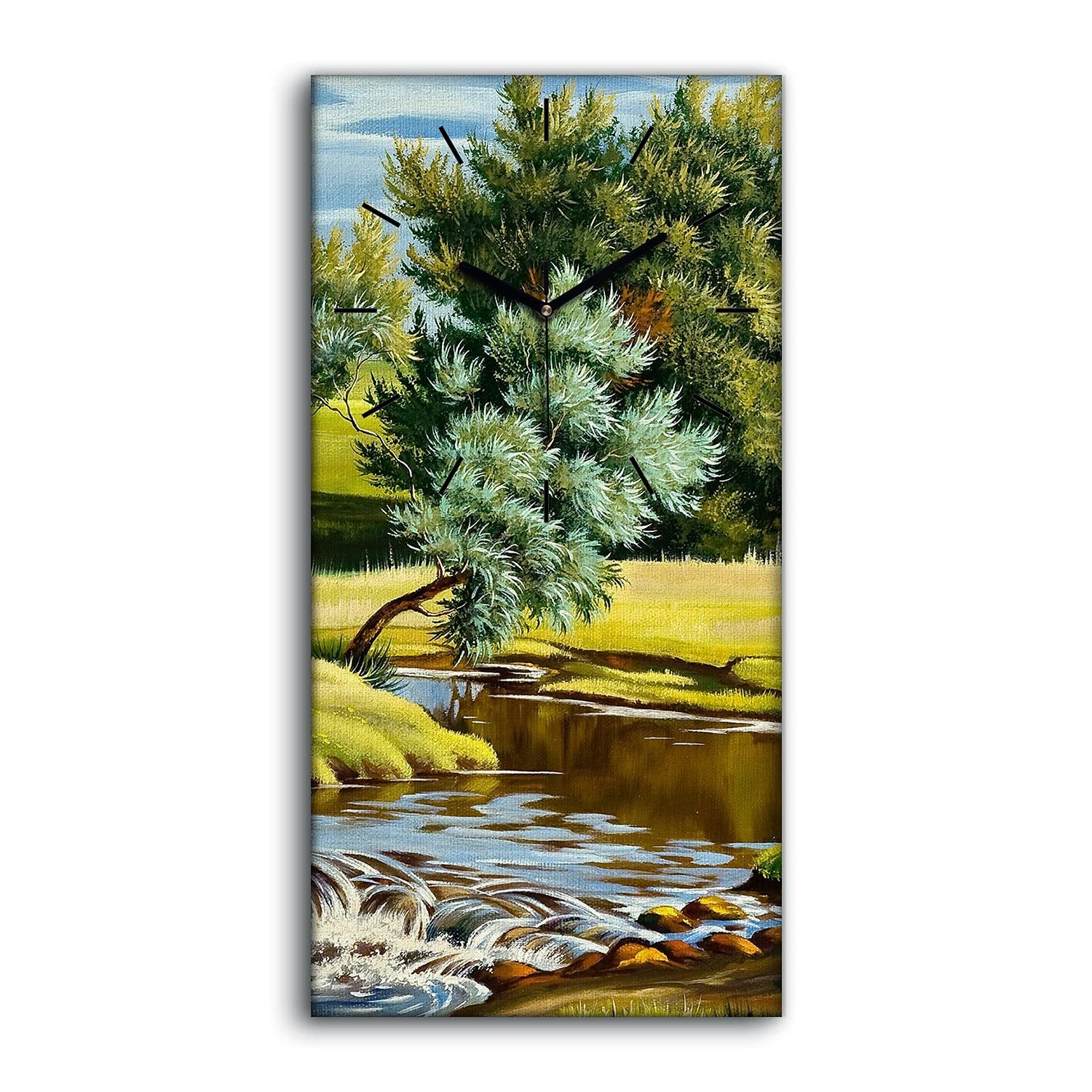 Horloge sur toile paysage d'été avec rivière 30x60cm pour déco salon
