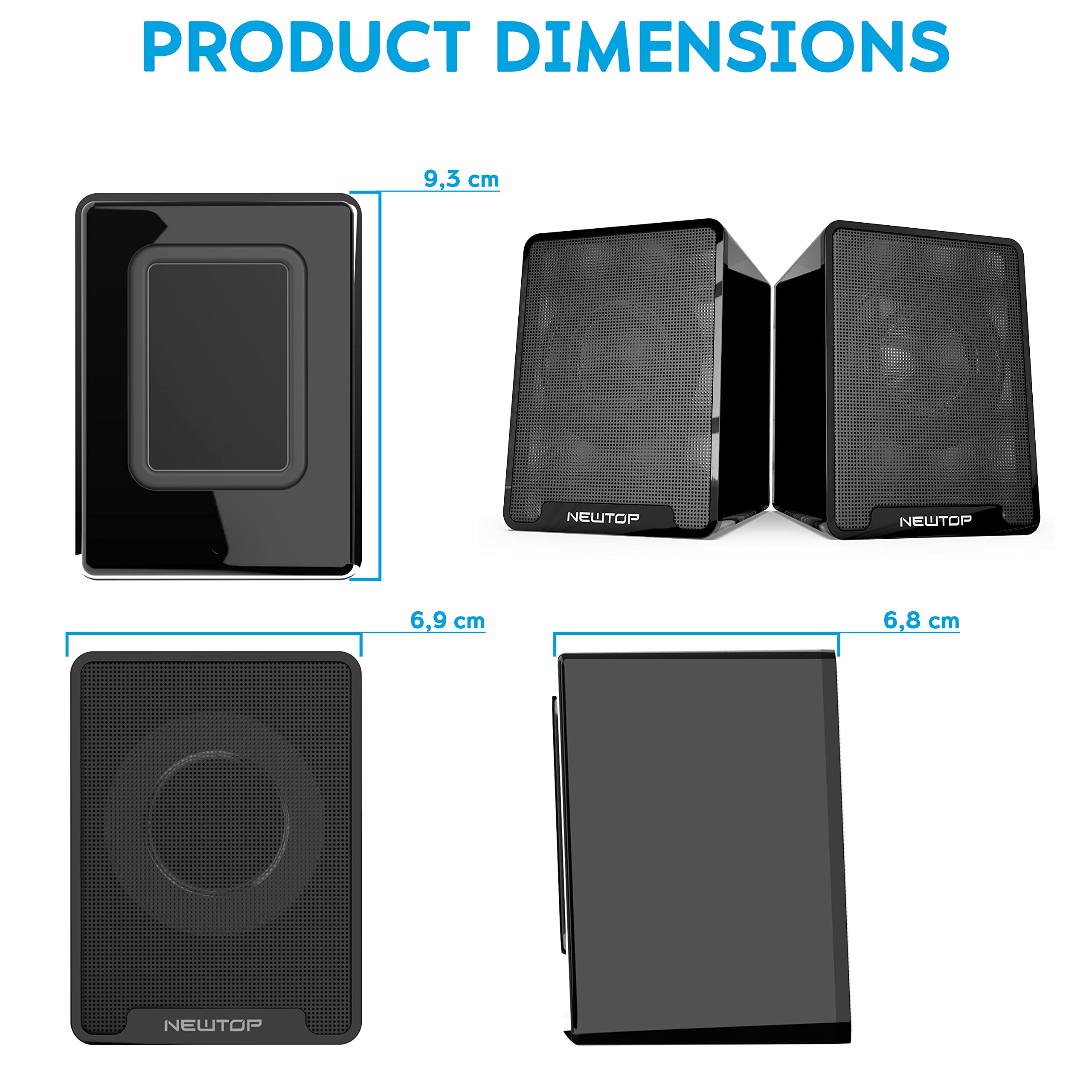 N NEWTOP Mini Casse PCS01 Stereo 2.0 Speaker Set Altoparlanti Alimentazione USB Ingresso Connettore Audio Jack 3.5mm Portatile Suono 360° per PC Fisso Desktop Laptop Notebook TV (Nere)