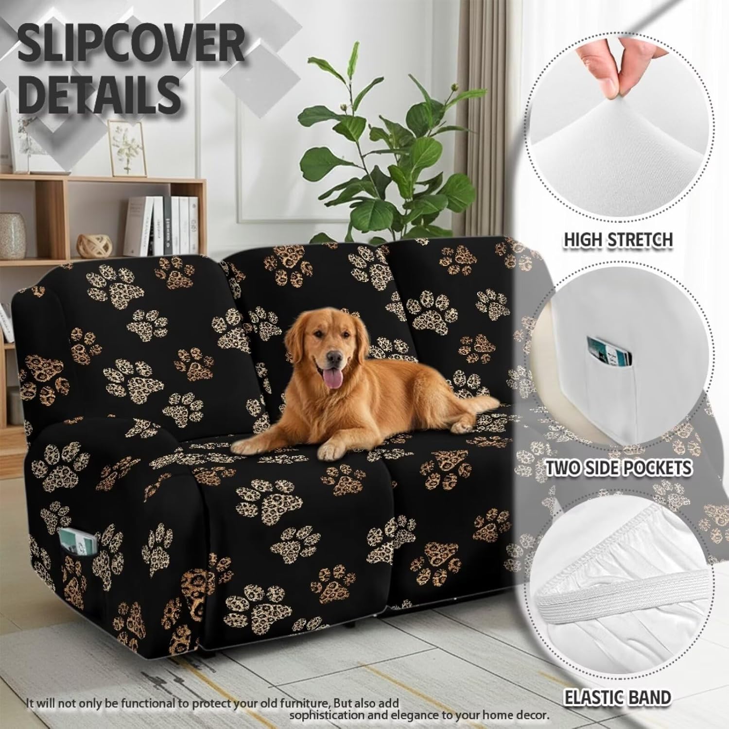 Dust Proof Recliner Chair Cover with Pockets, 3 Cushion Recliner Couch Cover with Side Pocket, Stretchable Soft Reclining Sofa Slipcover for Kids Pets, Paw Print Black