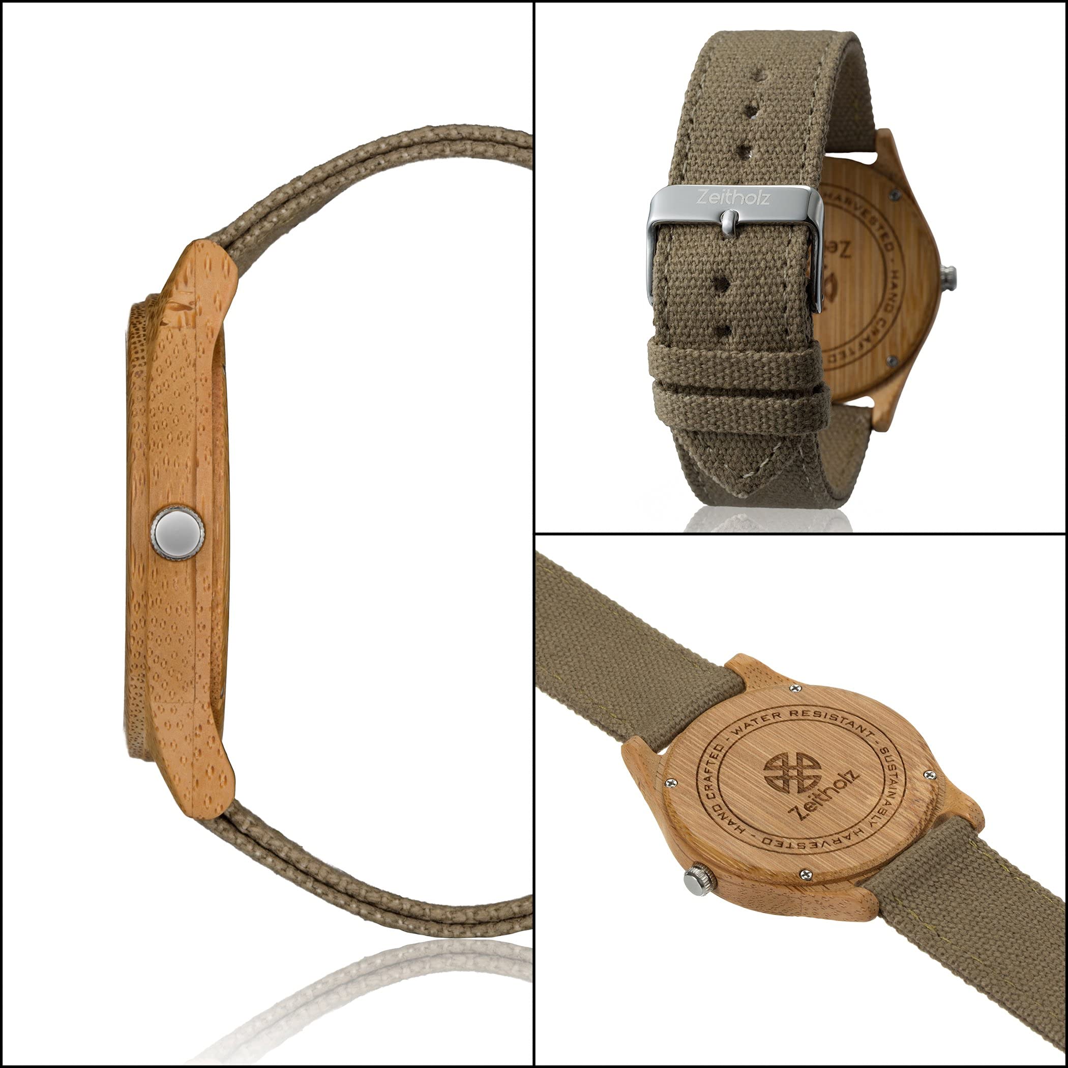 Altenberg - Orologio in bambù con quadrante marrone, prodotto naturale, ipoallergenico, fatto a mano, cinturino grigio di tela