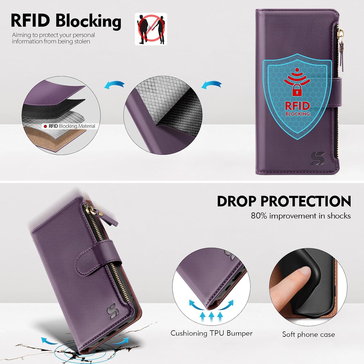 Compatible with iPhone 14 Wallet Case with Card Holder,Women Men RFID Blocking PU Leather Flip Cover Wrist Strap Zipper Credit Card Slots,Phone Case for Apple 14 6.1",Dark Purple - Image 5