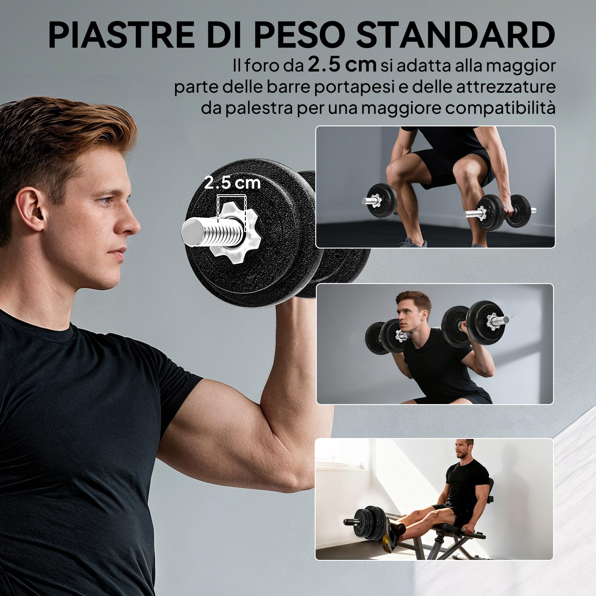 SPORTNOW Set di Manubri 2 in 1 da 20kg Regolabile con Impugnature Antiscivolo, Set Pesi e Bilanciere per Allenamento a Casa con 8 Dischi Pesi, Barra Bilanciere e 2 Barre per Manubri in Acciaio