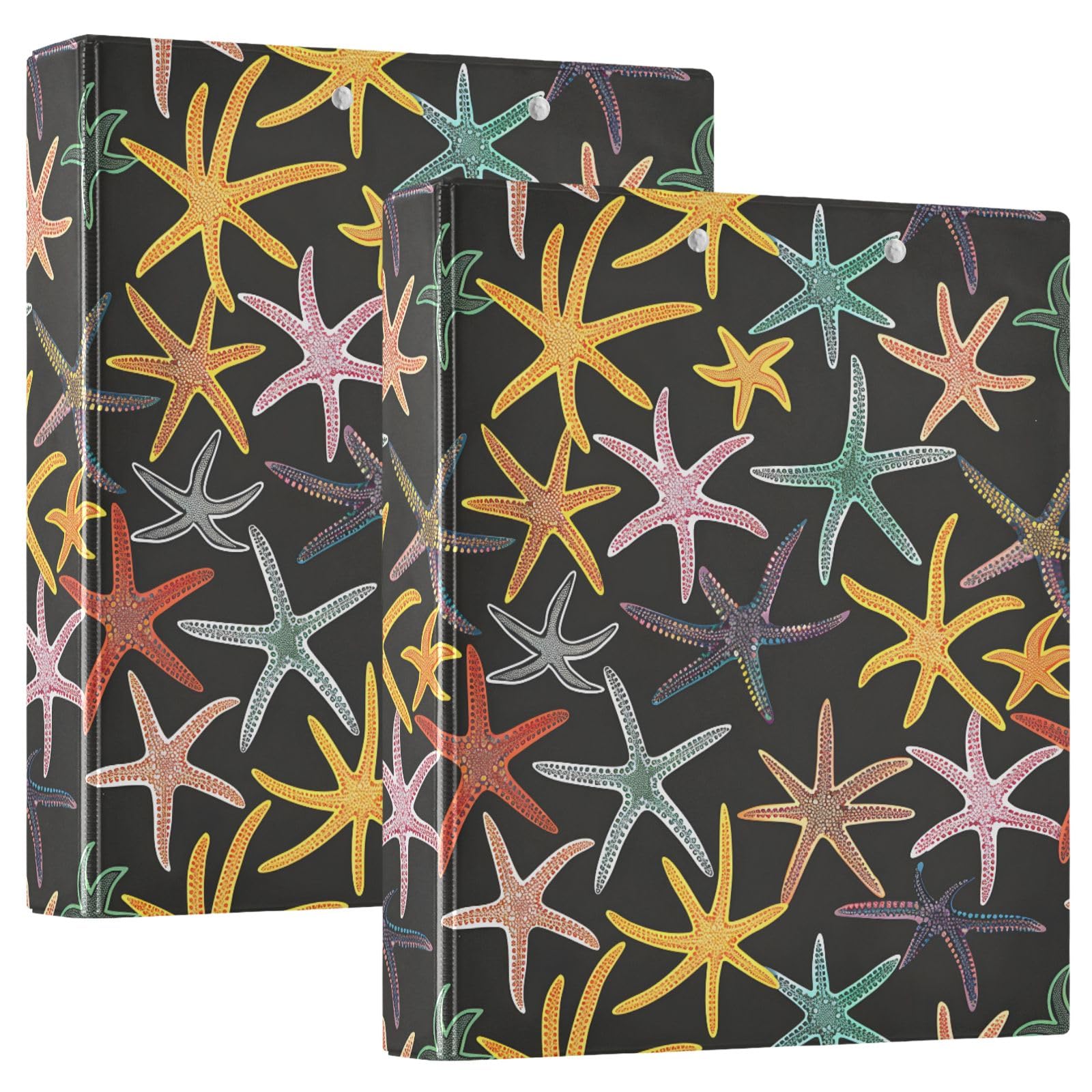 Raccoglitore a 3 anelli con stampa a stella marina colorata, 3,8 cm, contiene 200 fogli con 3 tasche interne trasparenti in PVC per scuola e ufficio