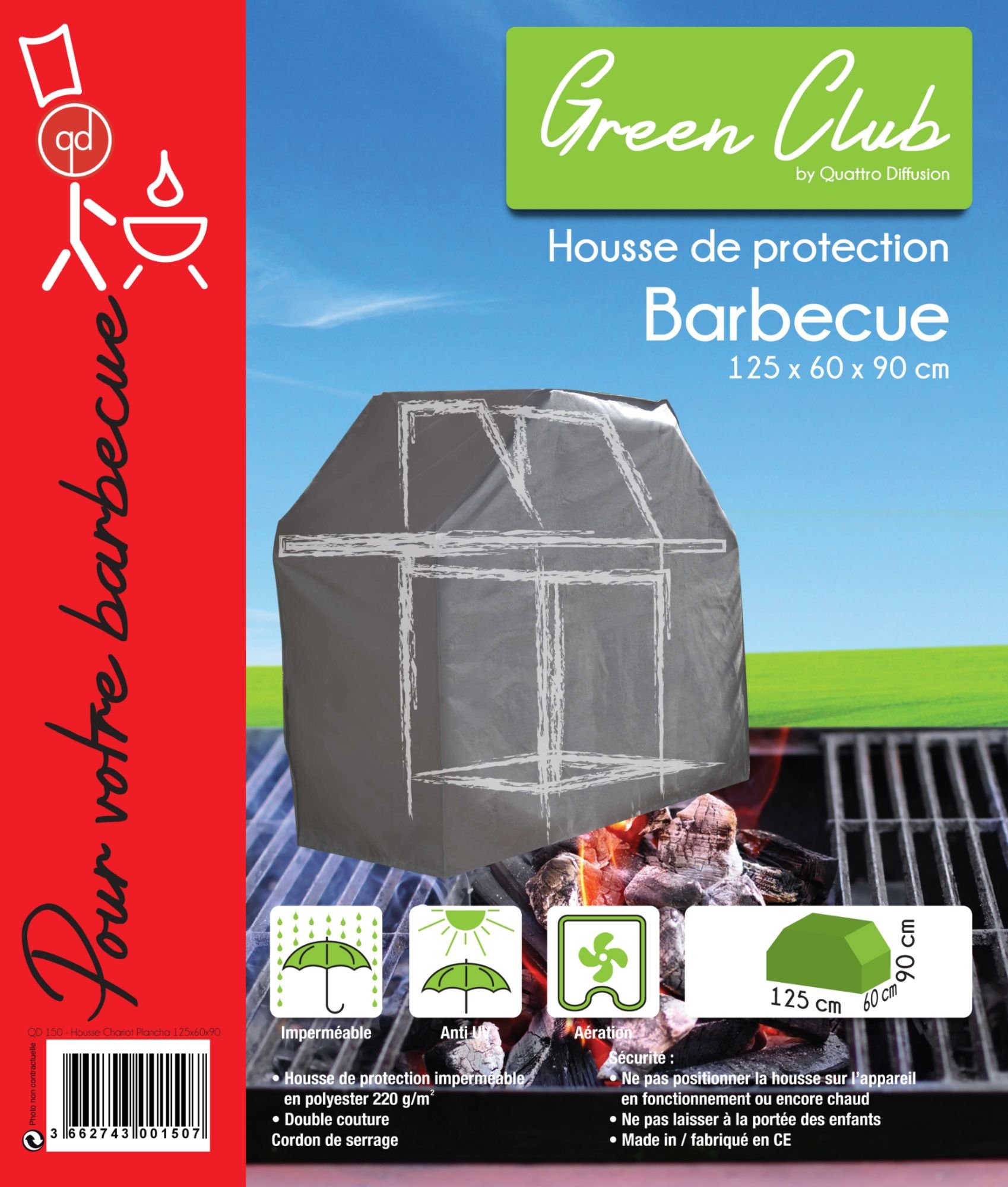 GREEN CLUB Housse De Protection imperméable Barbecue Haute Qualité Polyester doublée PVC L 125 x l 60 x h 90 cm Couleur Anthracite