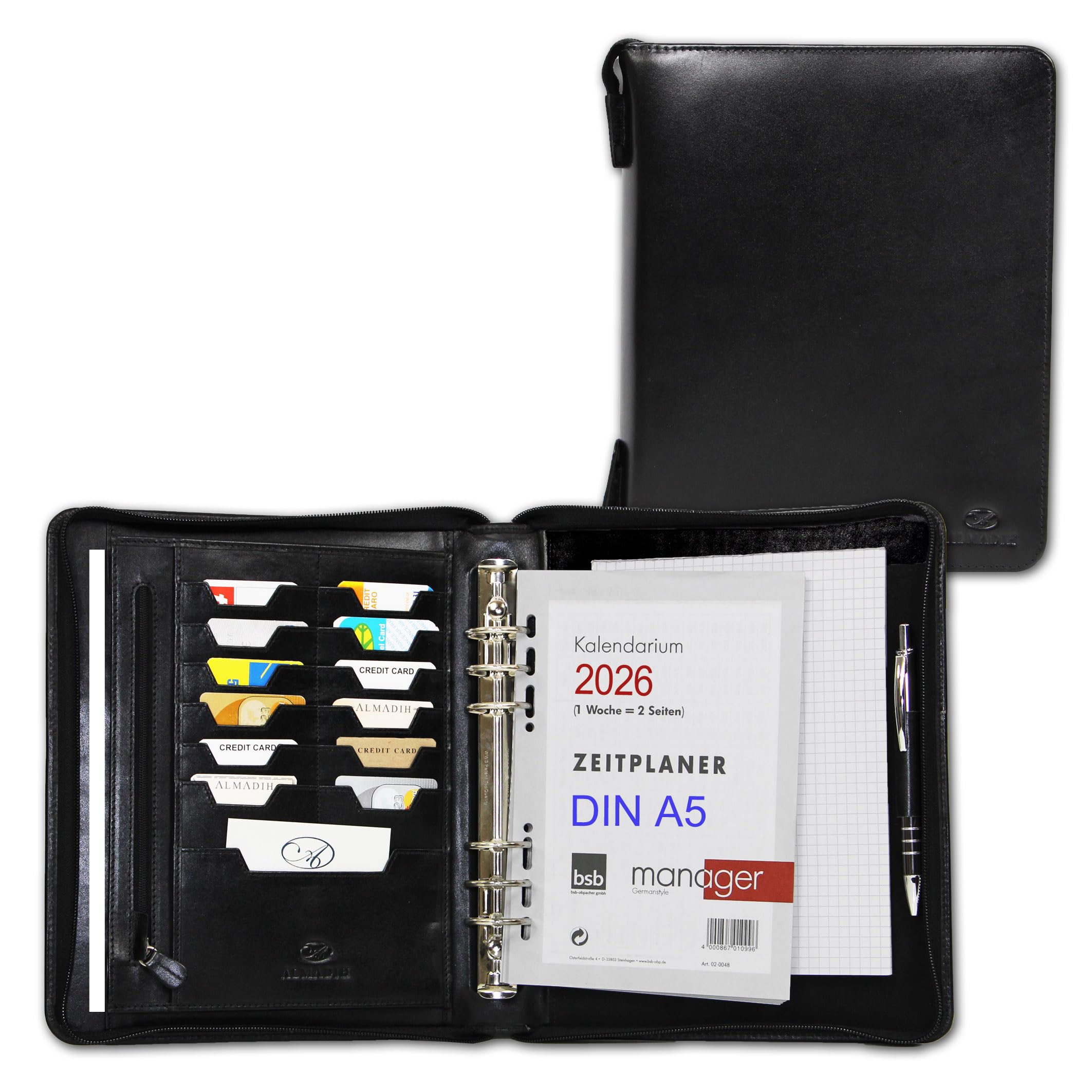 ALMADIH Agenda in pelle A5 con cerniera Portadocumenti Calendario 2025 Nero Cartella Portablocco Organizer Porta Documenti Conferenza Anelli + Block Notes Cartellina Organizzatore Carpetta