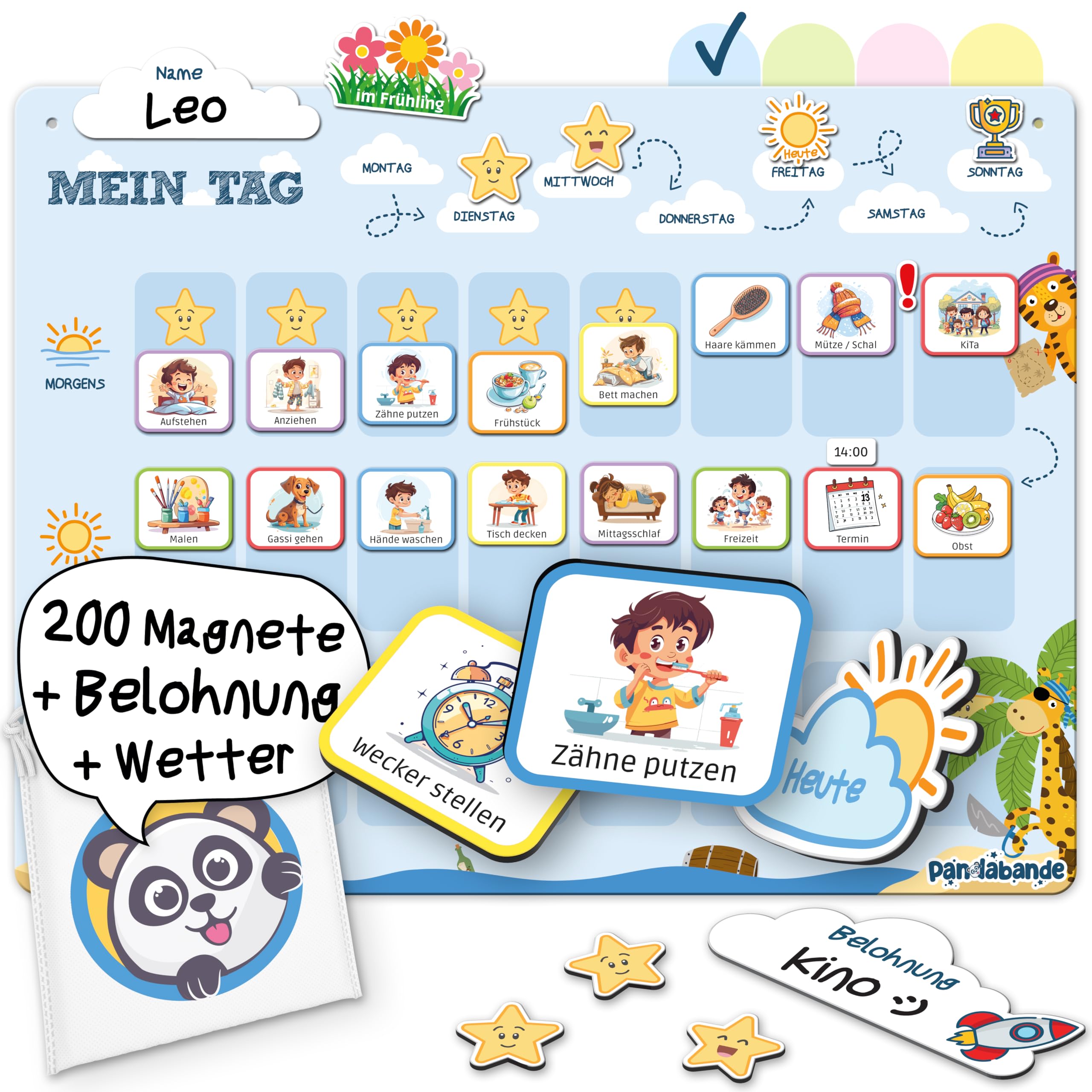 »PANDABANDE« Montessori Tagesplaner Kinder Routine [Belohnung, Wetter, 208 Magnete] - Tagesablauf Plan für Morgenroutine & Abendroutine - Idealer Tagesplan Magnetisch, Routineplaner Kind (Piraten)