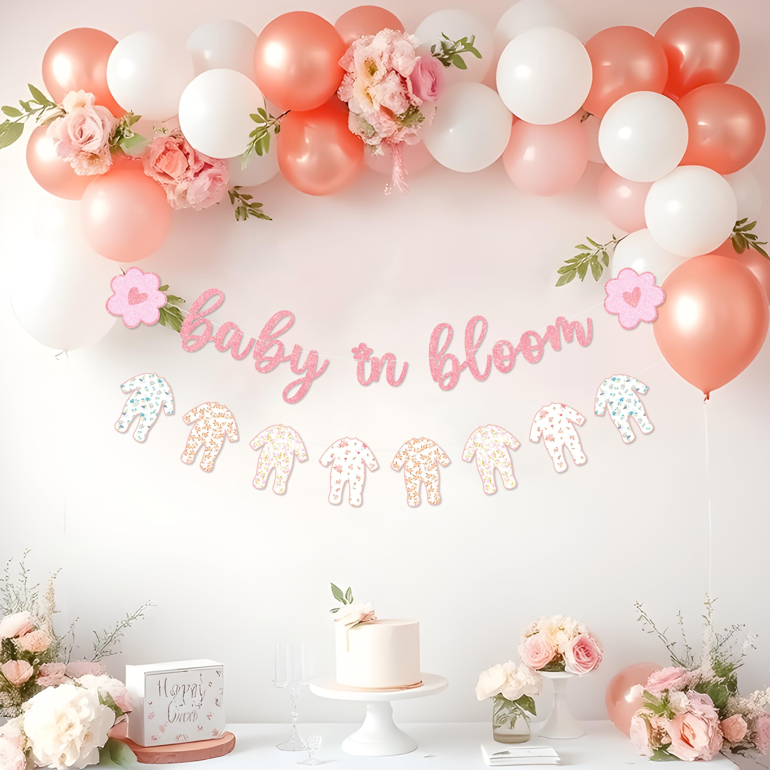 Pancarta de bebé en flor, decoración de baby shower, guirnalda floral preencordada y flores rosas, letras de oro rosa