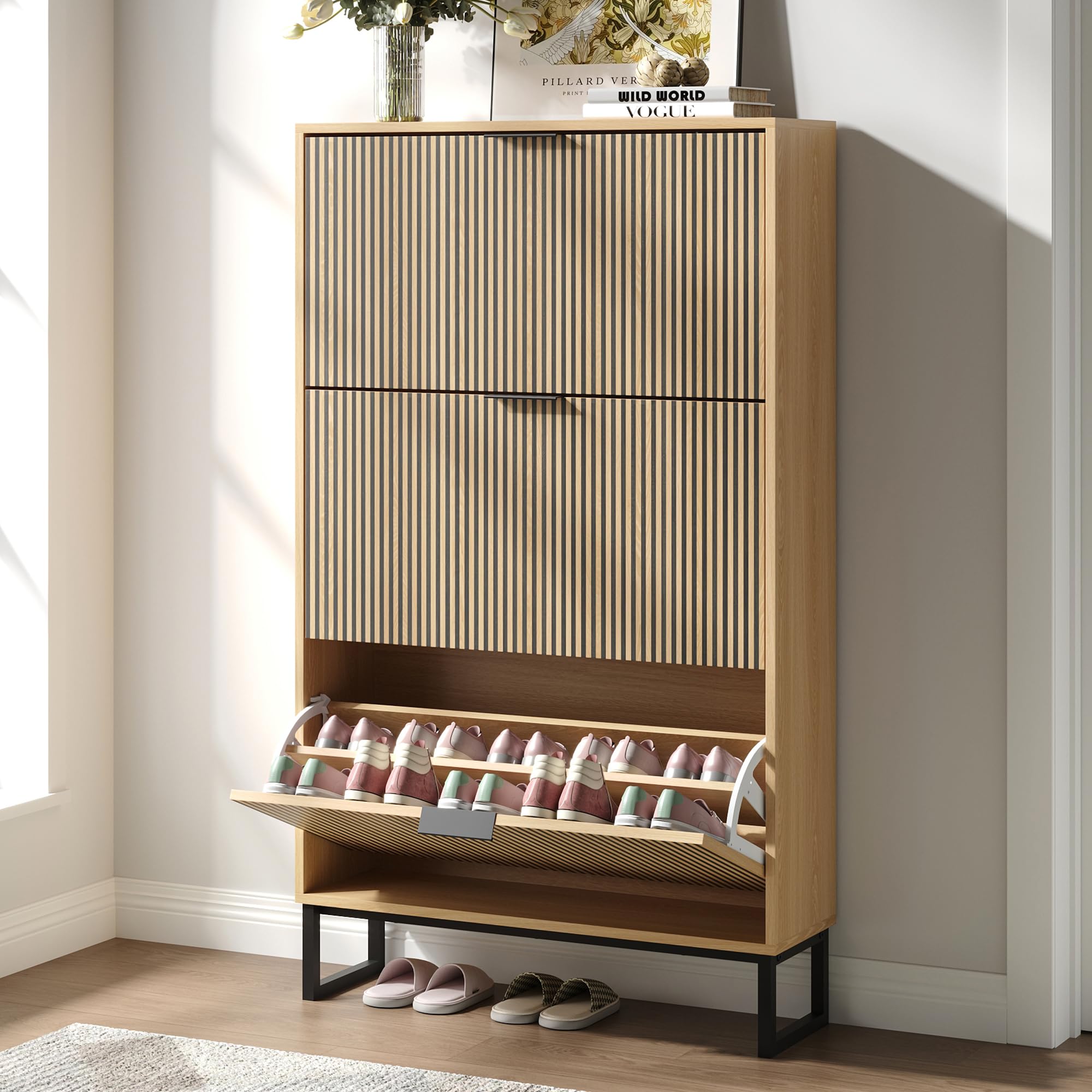 Sscaktu Shoe Cabinet with 3 Flip Drawers, Narrow Wood Shoe Cabinet Storage for Entryway, Freestanding Hidden Shoe Organizer Rack Cabinet for Hallway