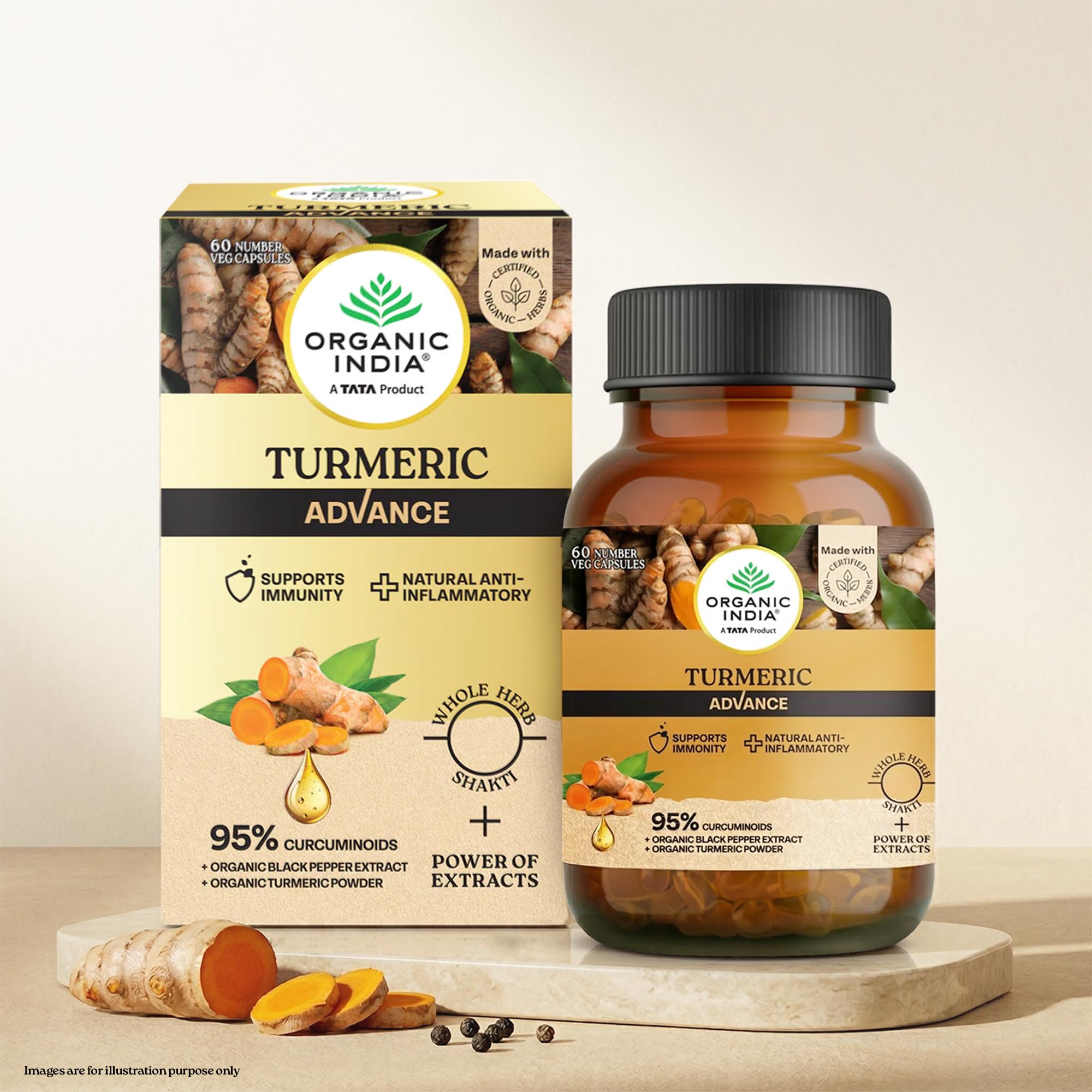 Organic India Turmeric Advance Capsules, 60 Veg Capsules, 95% Curcuminoids, With Black Pepper Extract, Joint Support, Anti-Inflammatory & Immunity Booster