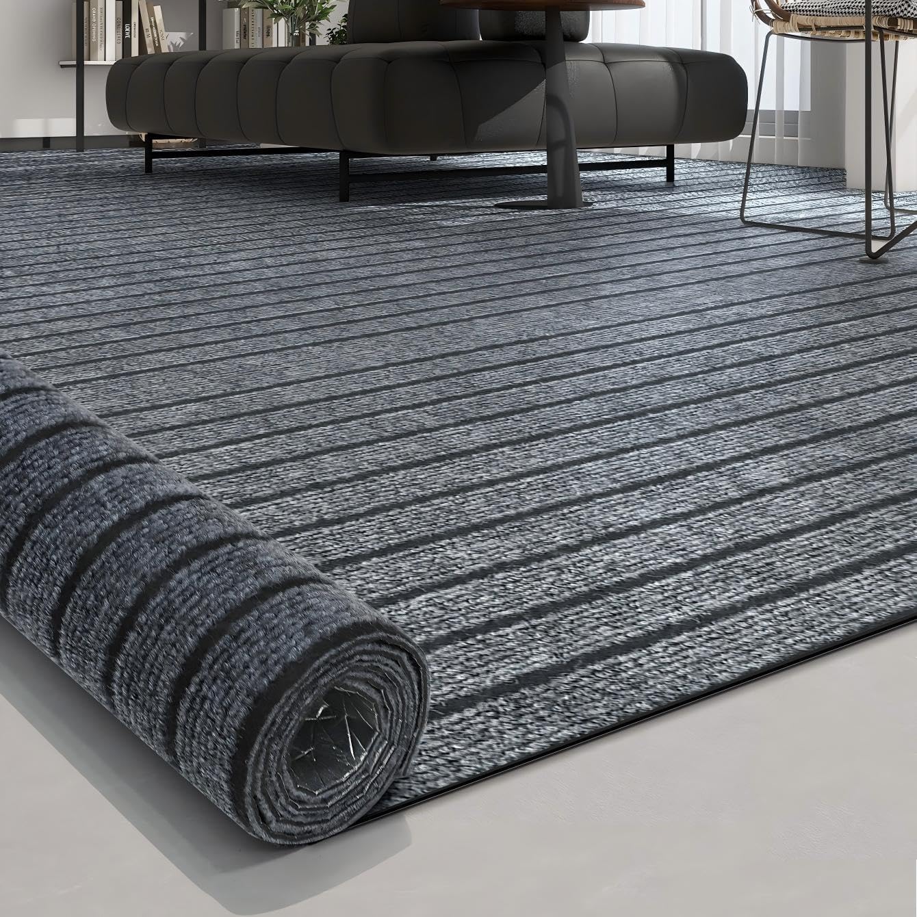 Peel and Stick Carpet Roll - 15.7"x118" Thick Self Adhesive Silent Carpet Floor Tiles for Indoor Anti-Slip Flooring, Bedroom, Kitchen, Stairs, Living Room, Office Cat Scratch Protector (Gray Stripe)