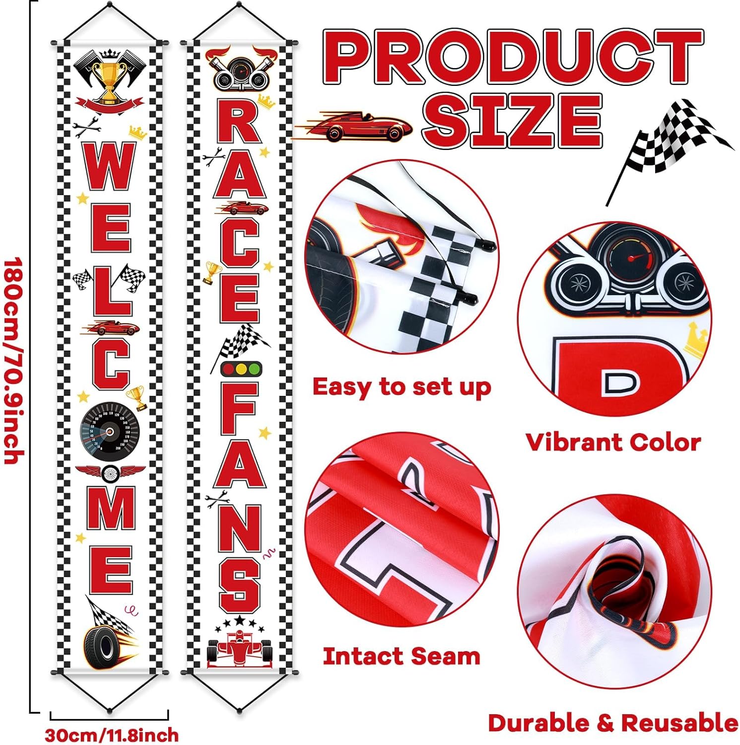 Race Car Birthday Party Banner Checkered Flags 9 Cars Party Signs for Car Birthday Party Decoration Set Racing Fans Welcome Porch Sign for Boys Let's Go Racing Party Supplies for Kids Race Fans