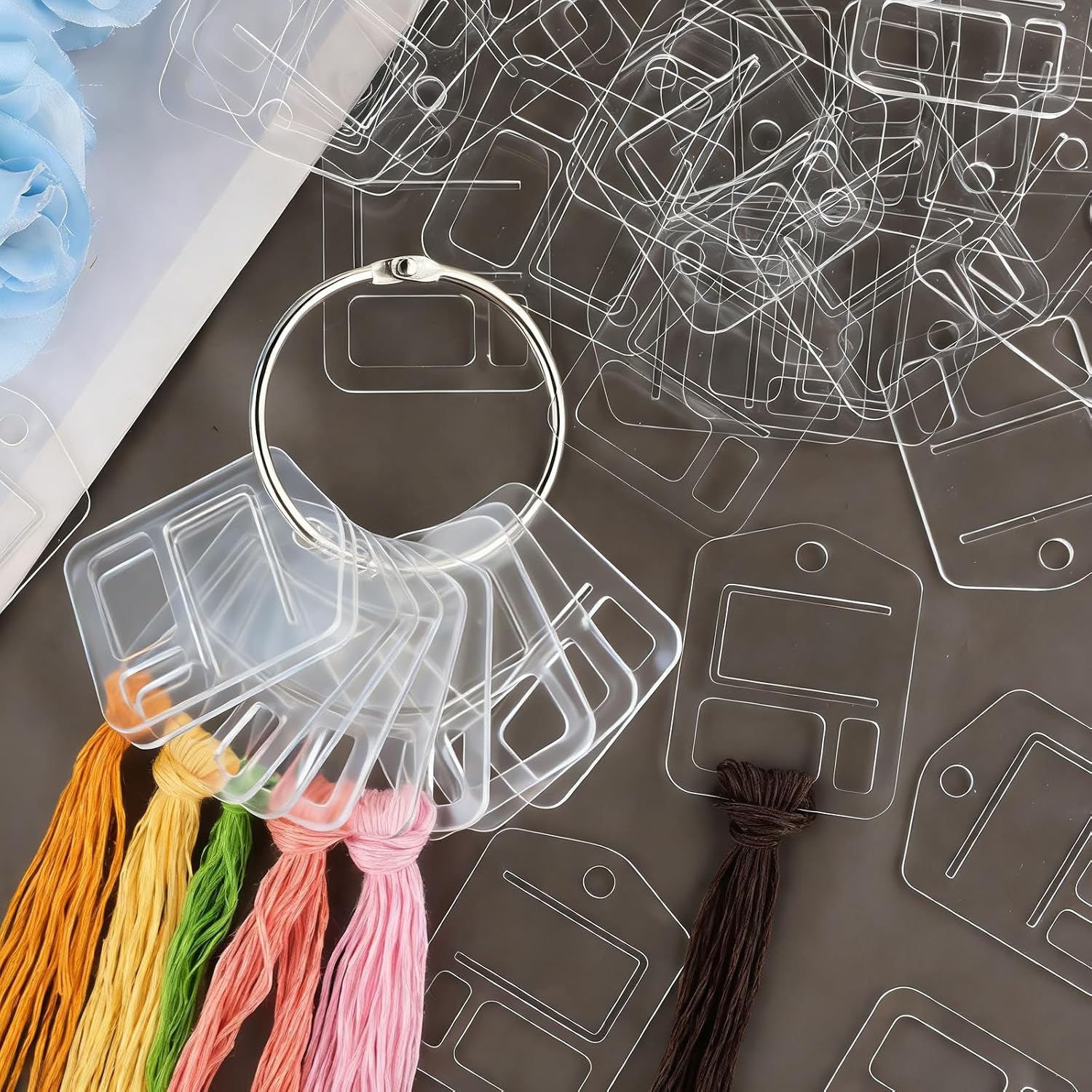 53 Pcs Clear Acrylic Embroidery Floss Drops,Hinged Ring Thread Bobbins for Cross Stitch Sewing,Organizers for Thread Storage DIY Craft Supplies(Style B)